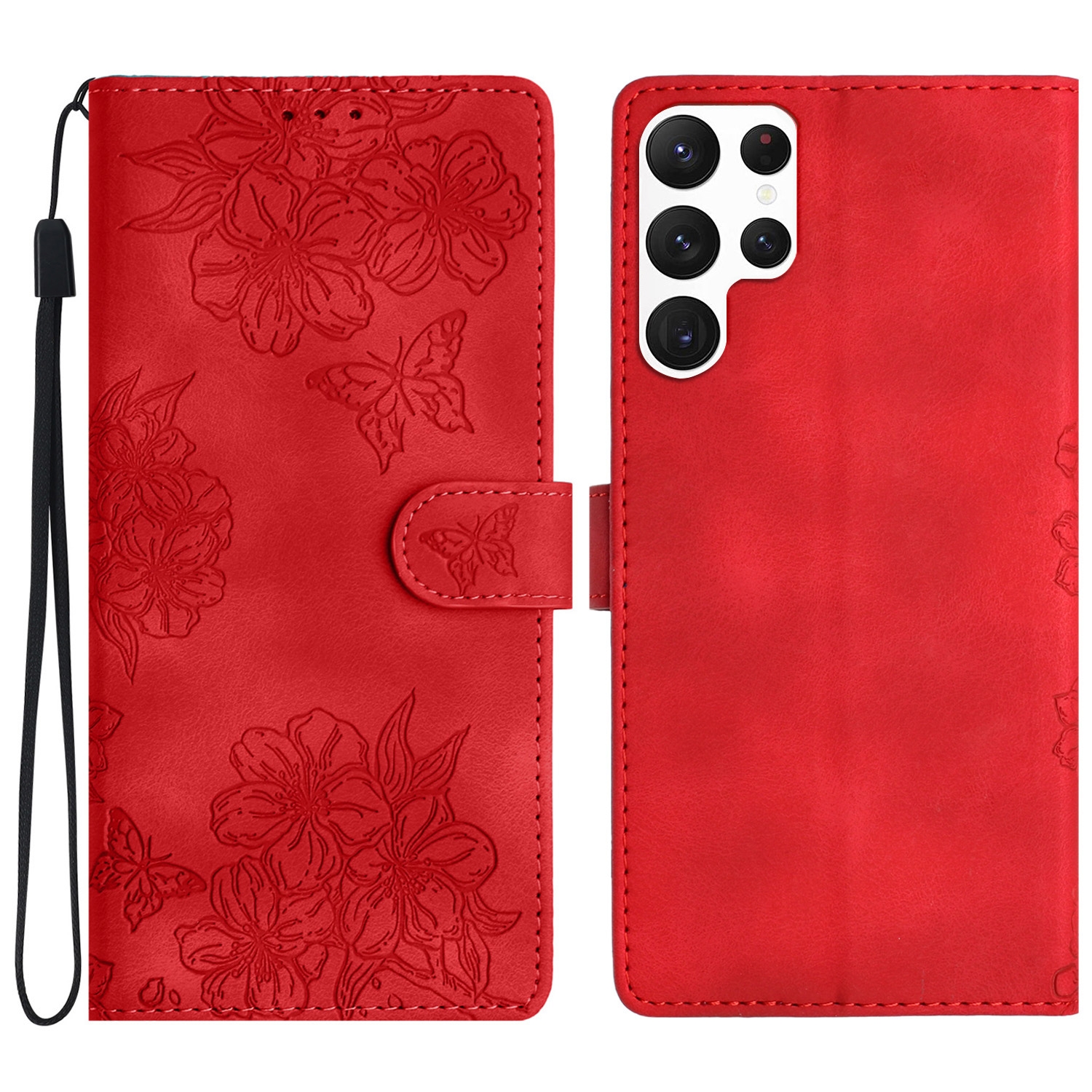For Samsung Galaxy S24 Ultra 5G Cherry Blossom Butterfly Skin Feel Embossed PU Phone Case(Red) For Samsung Galaxy S24 Ultra 5G Cherry Blossom Butterfly Skin Feel Embossed PU Phone Case(Red)