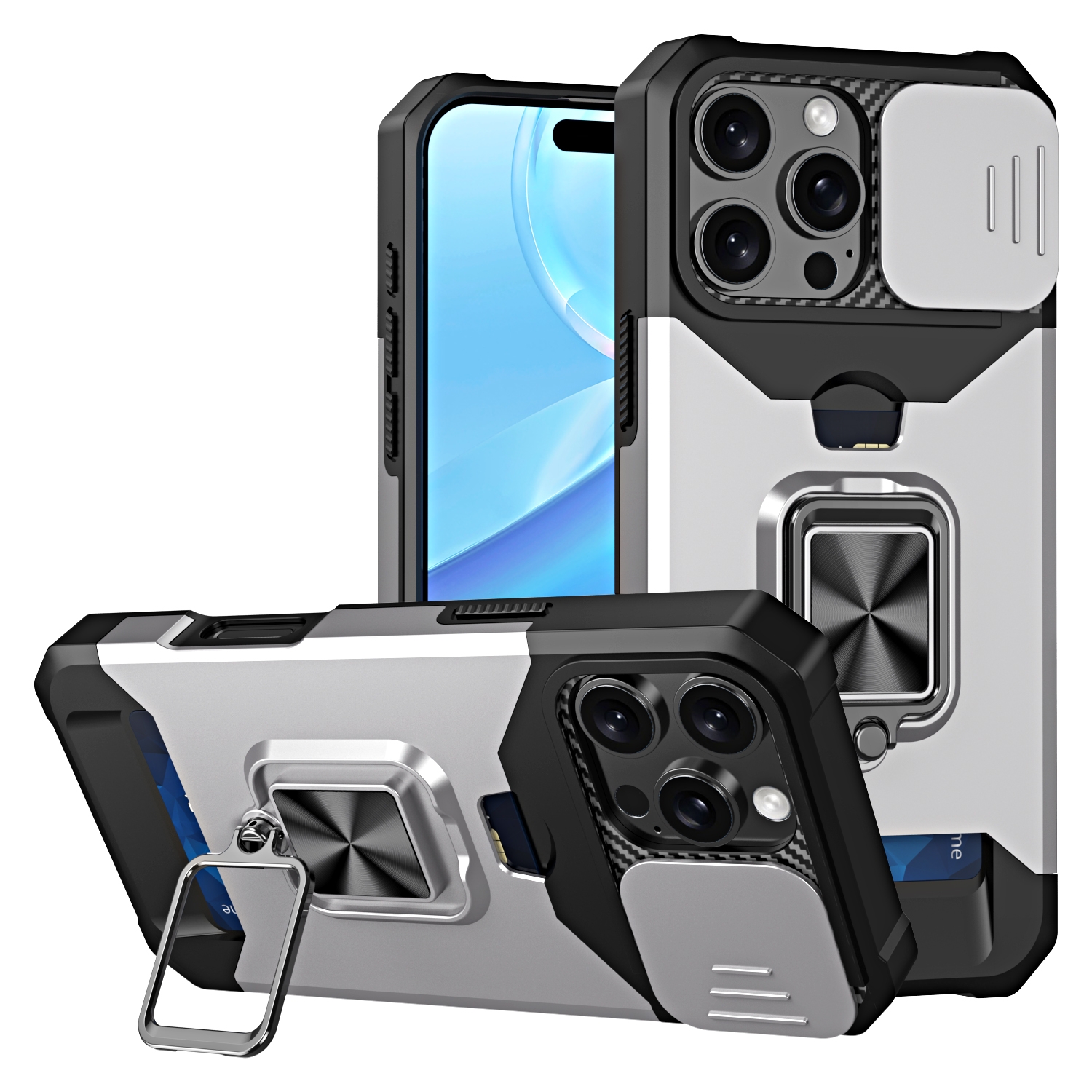 For iPhone 16 Pro Camera Shield Card Slot PC+TPU Phone Case(Silver) For iPhone 16 Pro Camera Shield Card Slot PC+TPU Phone Case(Silver)