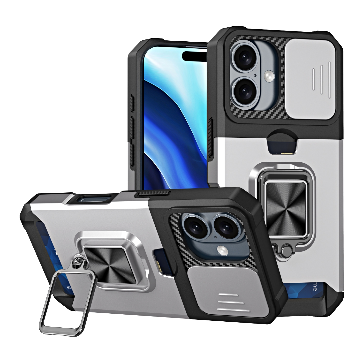 For iPhone 16 Camera Shield Card Slot PC+TPU Phone Case(Silver) For iPhone 16 Camera Shield Card Slot PC+TPU Phone Case(Silver)