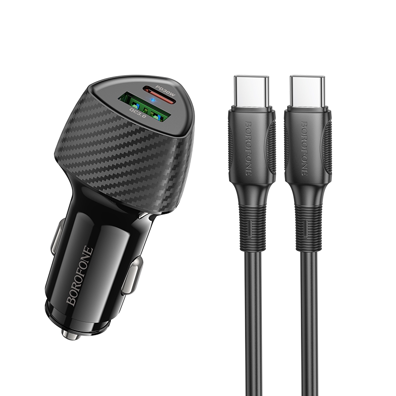 BOROFONE BZ31C Solid PD30W + QC3.0 Car Charger Set with Type-C to Type-C Cable(Black)