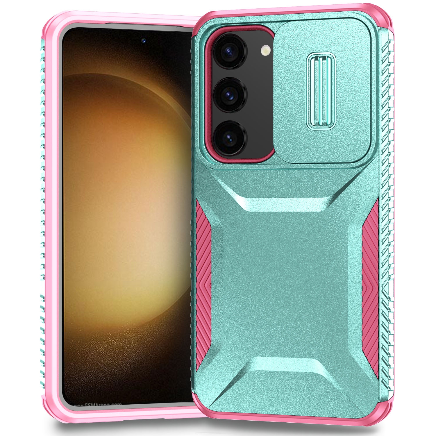 For Samsung Galaxy S23+ 5G Sliding Camshield Phone Case(Grey Green + Pink) For Samsung Galaxy S23+ 5G Sliding Camshield Phone Case(Grey Green + Pink)