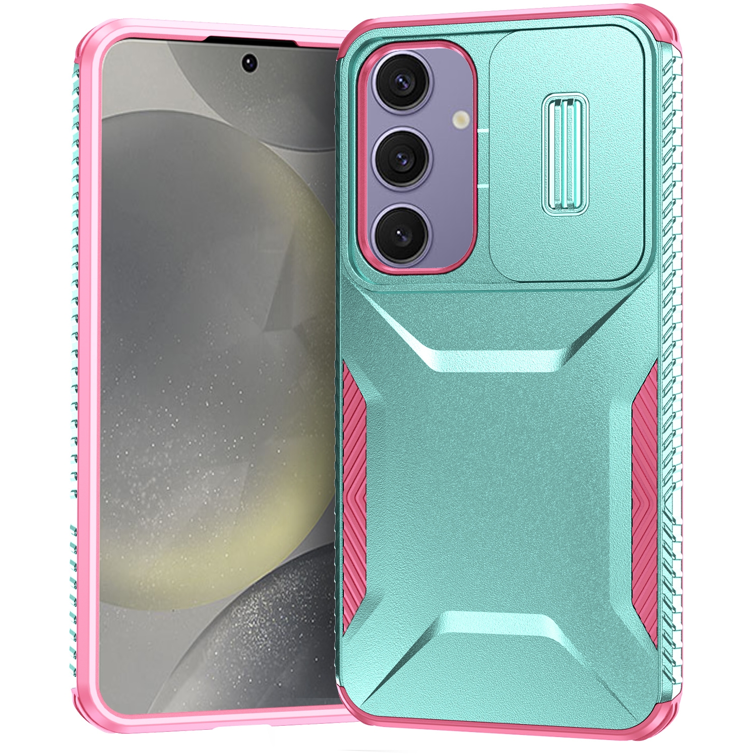 For Samsung Galaxy S24 FE 5G Sliding Camshield Phone Case(Grey Green + Pink) For Samsung Galaxy S24 FE 5G Sliding Camshield Phone Case(Grey Green + Pink)