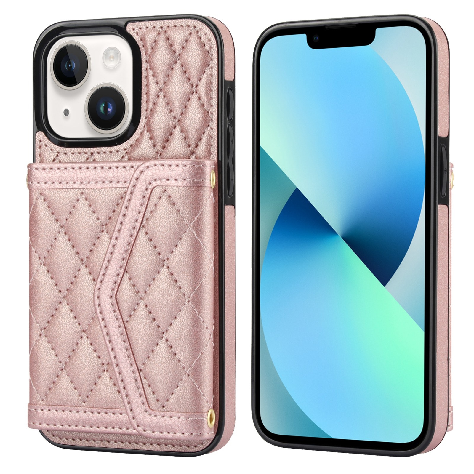 For iPhone 13 / 14 Splicing Rhombic Texture Card Bag Phone Case with Long Lanyard(Rose Gold) For iPhone 13 / 14 Splicing Rhombic Texture Card Bag Phone Case with Long Lanyard(Rose Gold)