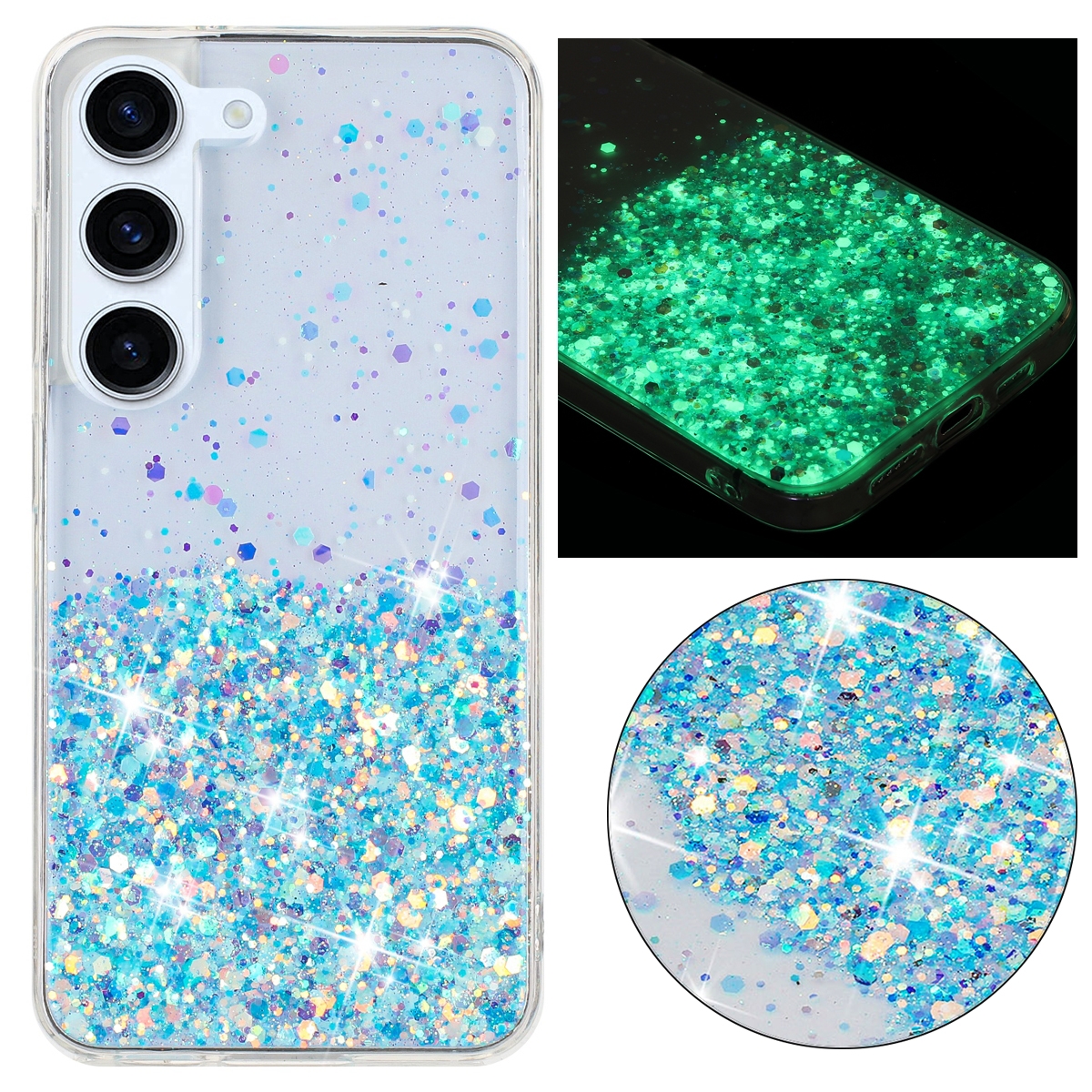 For Samsung Galaxy S23 5G Transparent Frame Noctilucent Glitter Powder TPU Phone Case(Blue) For Samsung Galaxy S23 5G Transparent Frame Noctilucent Glitter Powder TPU Phone Case(Blue)