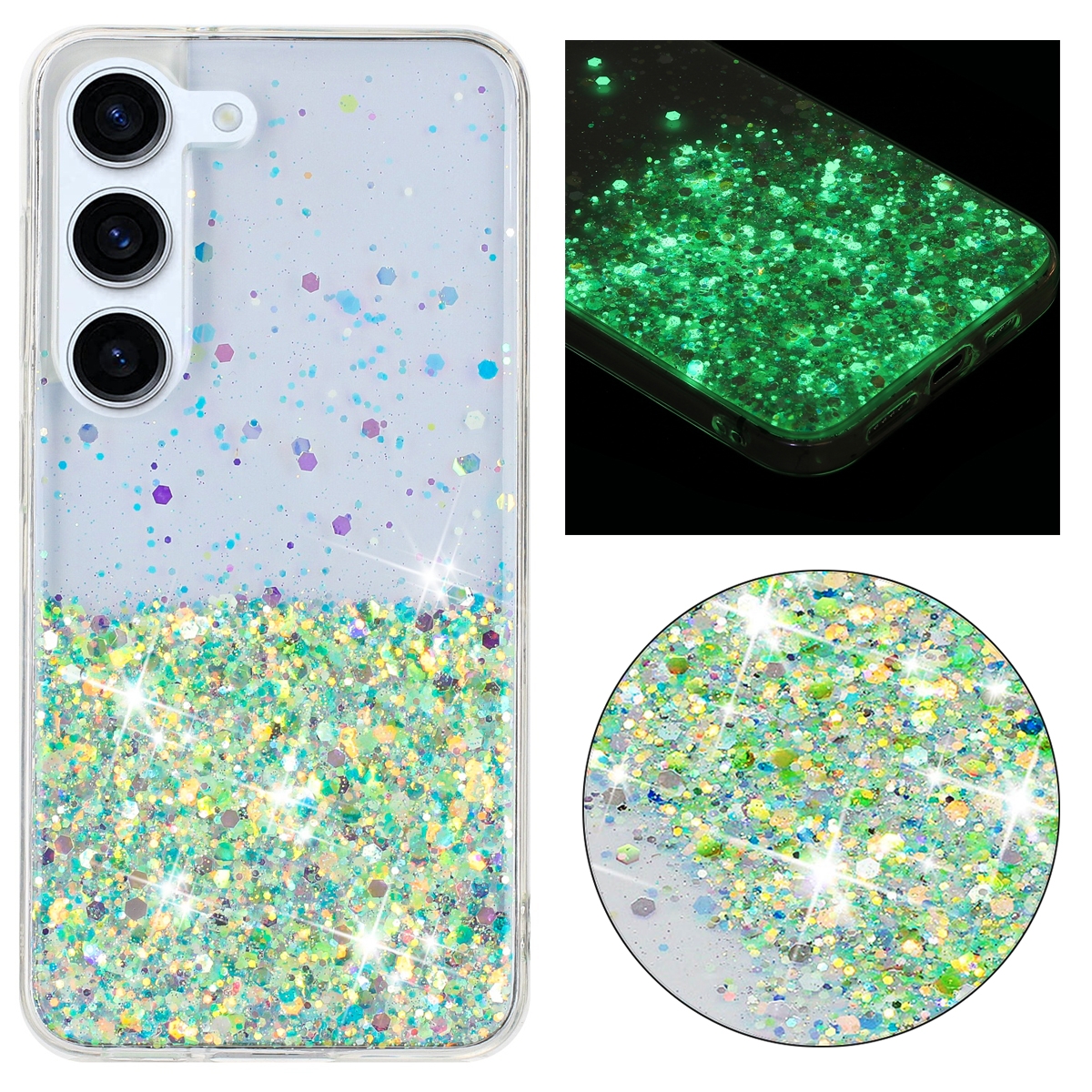 For Samsung Galaxy S24 5G Transparent Frame Noctilucent Glitter Powder TPU Phone Case(Green) For Samsung Galaxy S24 5G Transparent Frame Noctilucent Glitter Powder TPU Phone Case(Green)