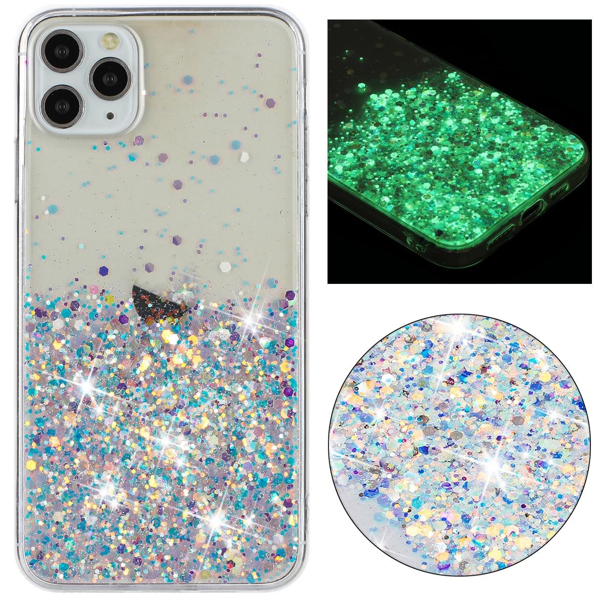For iPhone 11 Pro Transparent Frame Noctilucent Glitter Powder TPU Phone Case(White) For iPhone 11 Pro Transparent Frame Noctilucent Glitter Powder TPU Phone Case(White)