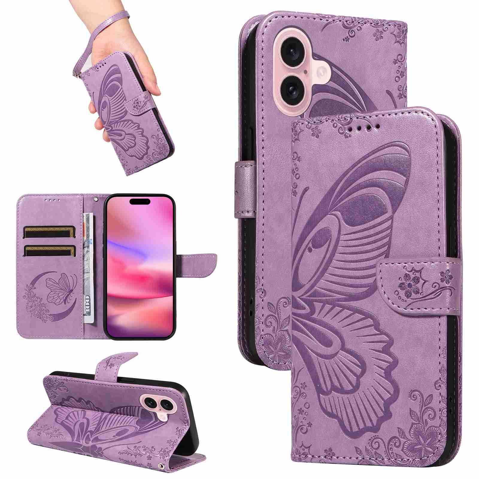 For iPhone 16 Swallowtail Butterfly Embossed Leather Phone Case(Purple) For iPhone 16 Swallowtail Butterfly Embossed Leather Phone Case(Purple)