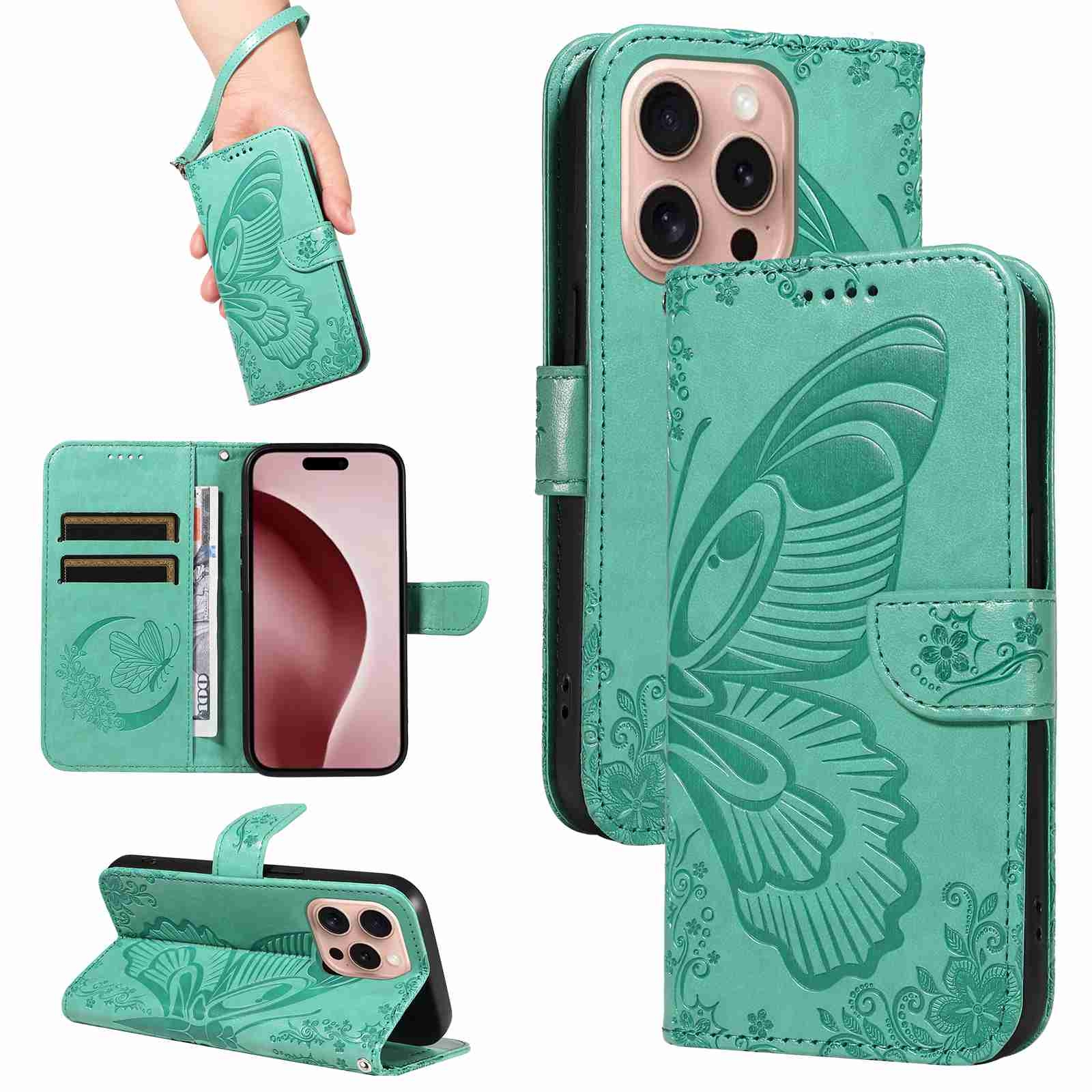 For iPhone 16 Pro Swallowtail Butterfly Embossed Leather Phone Case(Green) For iPhone 16 Pro Swallowtail Butterfly Embossed Leather Phone Case(Green)