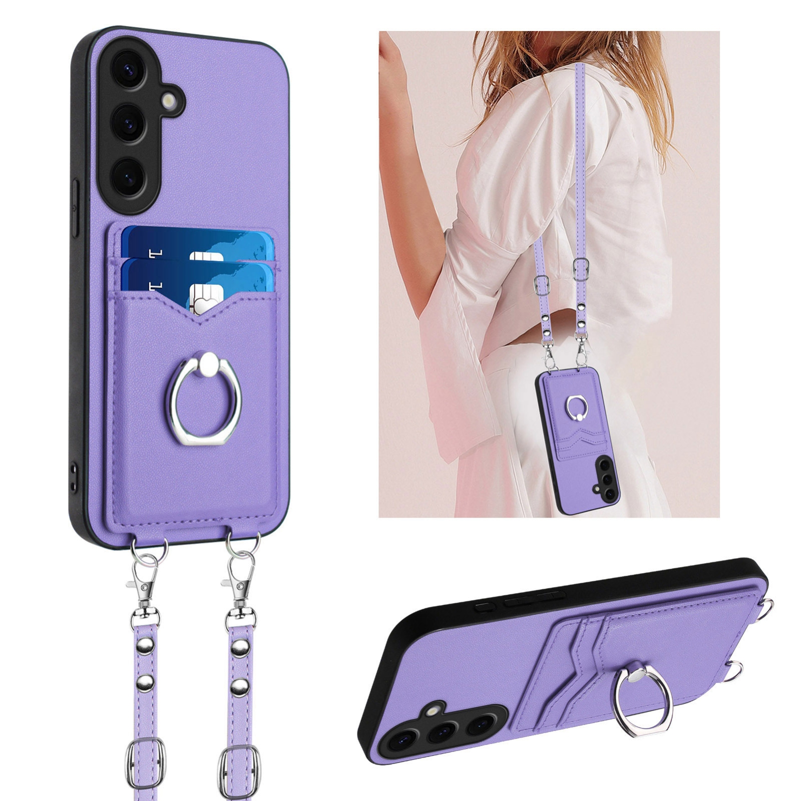 For Samsung Galaxy S24 5G R20 Crossbody Rope Ring Card Holder Phone Case(Purple) For Samsung Galaxy S24 5G R20 Crossbody Rope Ring Card Holder Phone Case(Purple)