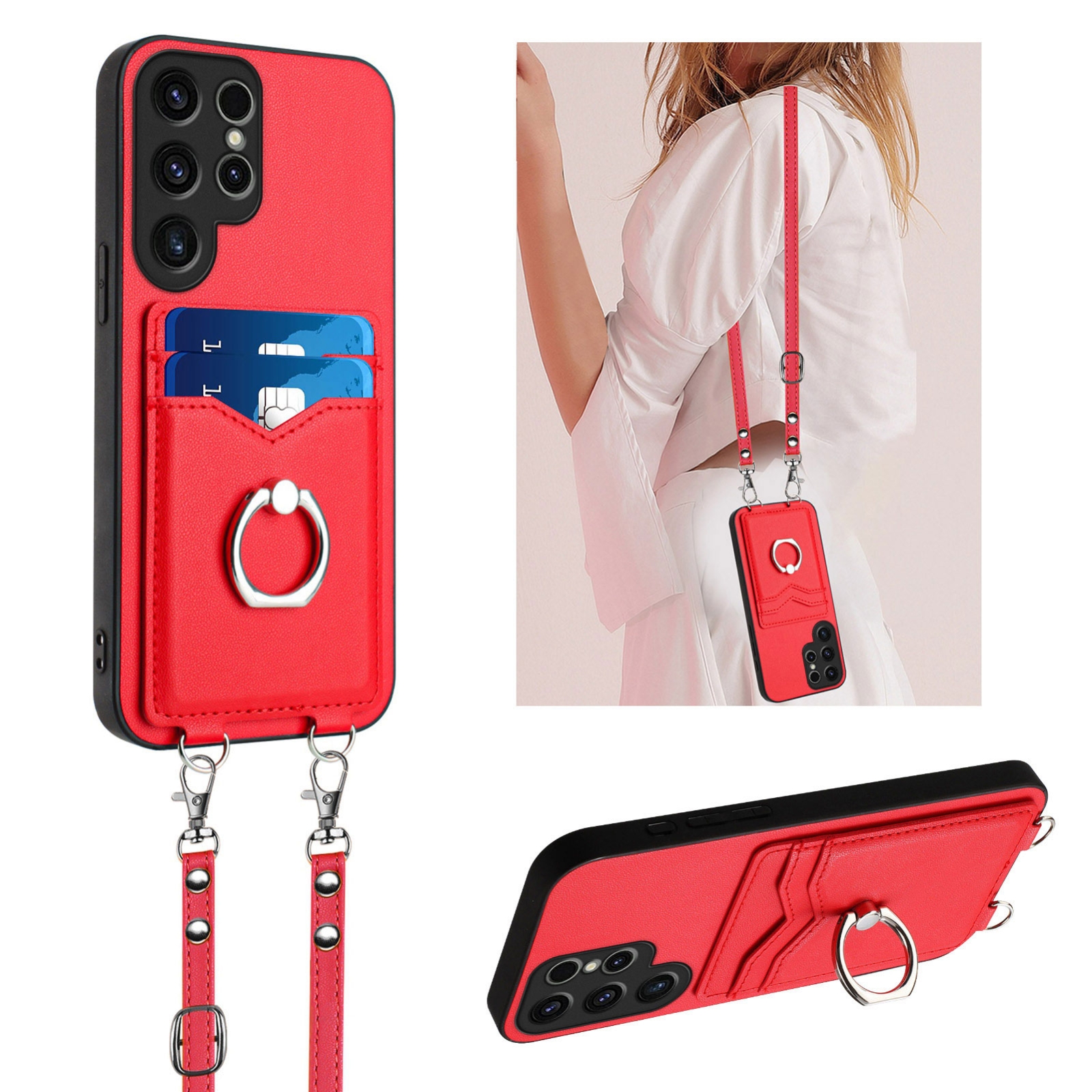 For Samsung Galaxy S23 Ultra 5G R20 Crossbody Rope Ring Card Holder Phone Case(Red) For Samsung Galaxy S23 Ultra 5G R20 Crossbody Rope Ring Card Holder Phone Case(Red)