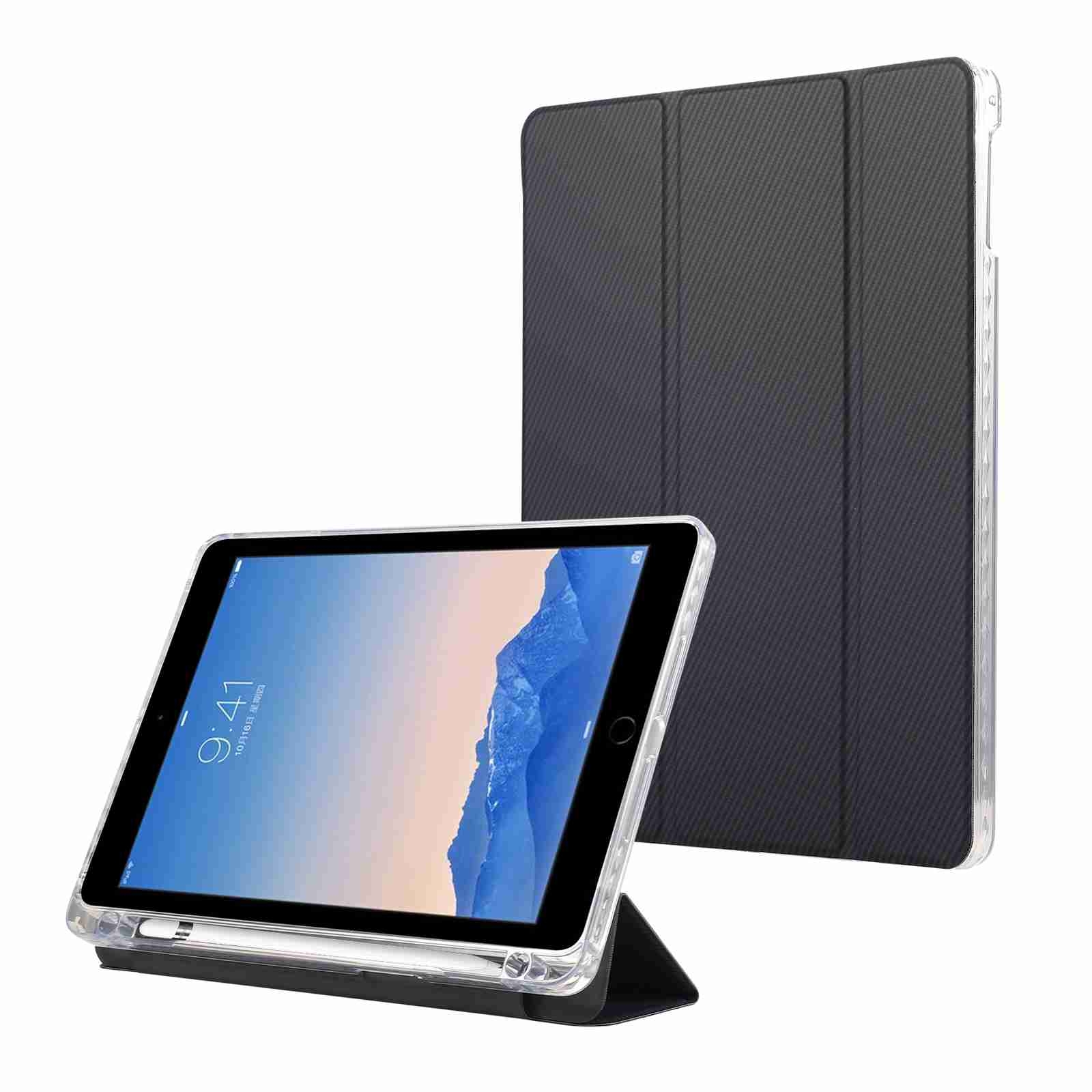 For iPad Air / Air 2 / 9.7 2017 / 2018 Carbon Fiber Clear Acrylic 3-Fold Leather Tablet Case(Dark Blue) For iPad Air / Air 2 / 9.7 2017 / 2018 Carbon Fiber Clear Acrylic 3-Fold Leather Tablet Case(Dark Blue)