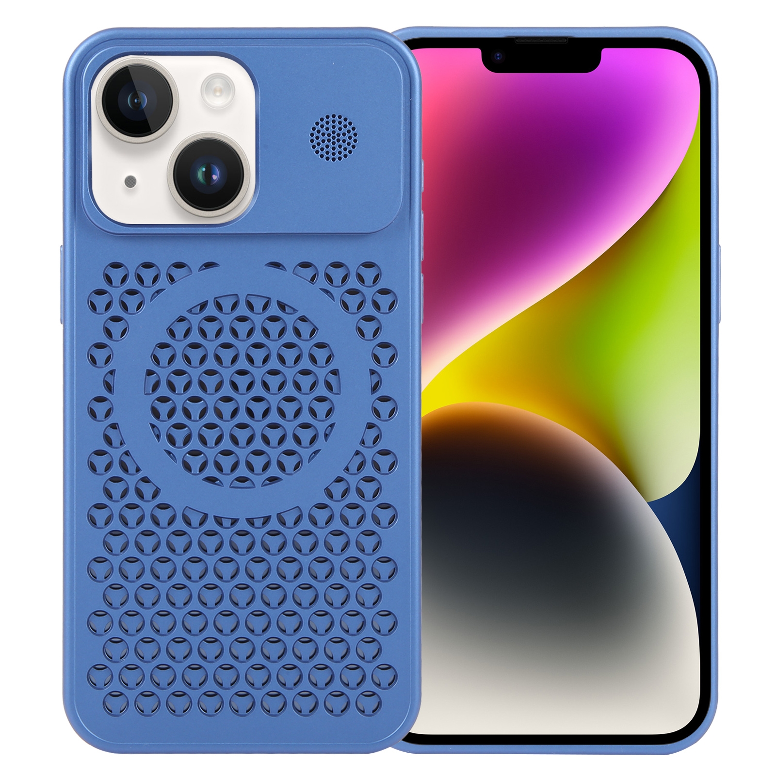 For iPhone 14 Pure Color Honeycomb Aromatherapy MagSafe Phone Case(Blue) For iPhone 14 Pure Color Honeycomb Aromatherapy MagSafe Phone Case(Blue)