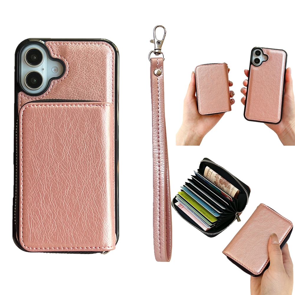 For iPhone 16 Solid Color Zipper 11-Card Slots Bag Phone Case with Lanyard(Rose Gold) For iPhone 16 Solid Color Zipper 11-Card Slots Bag Phone Case with Lanyard(Rose Gold)