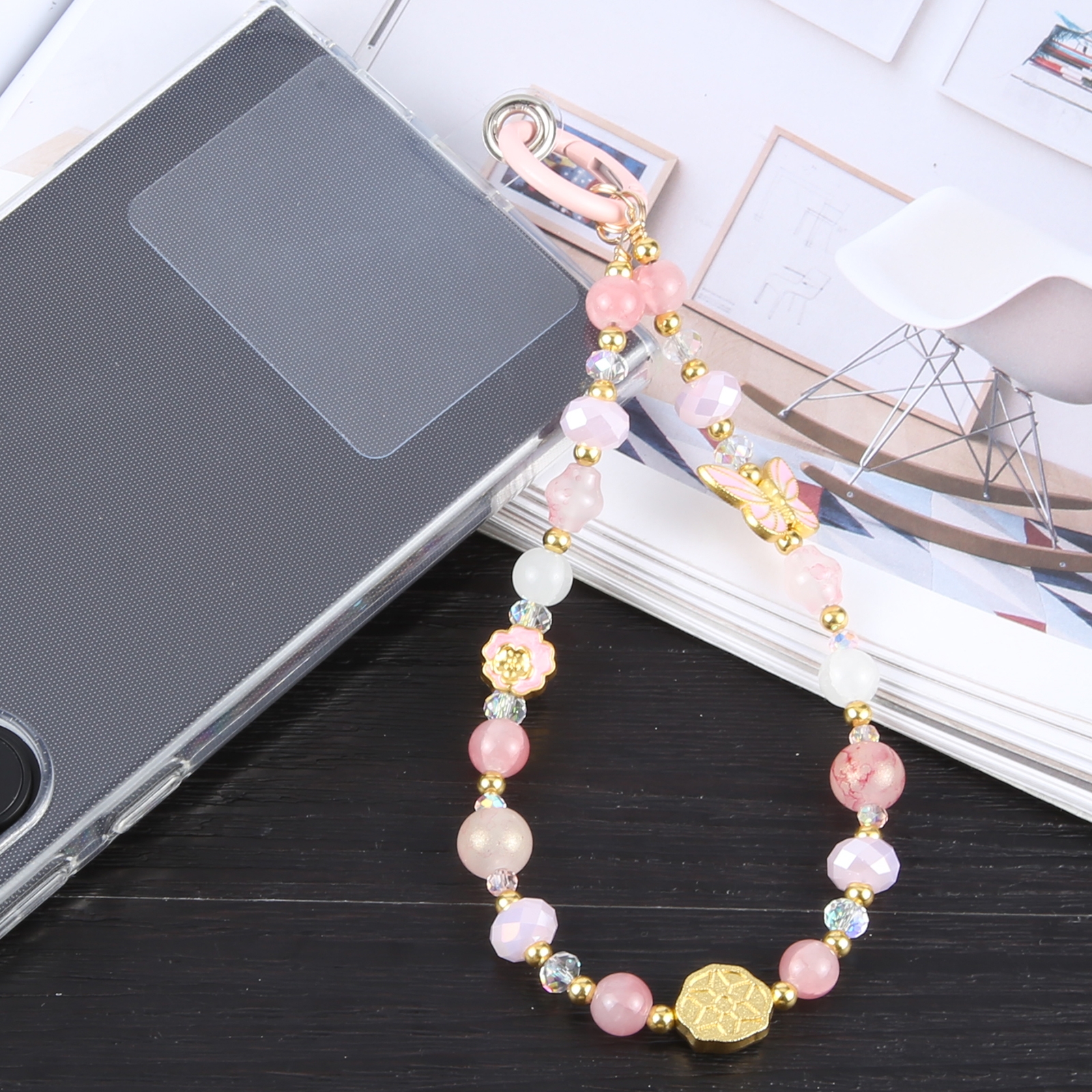 Mobile Phone Anti-lost Auspicious Bead Chain Short Lanyard(Pink Butterfly) Mobile Phone Anti-lost Auspicious Bead Chain Short Lanyard(Pink Butterfly)