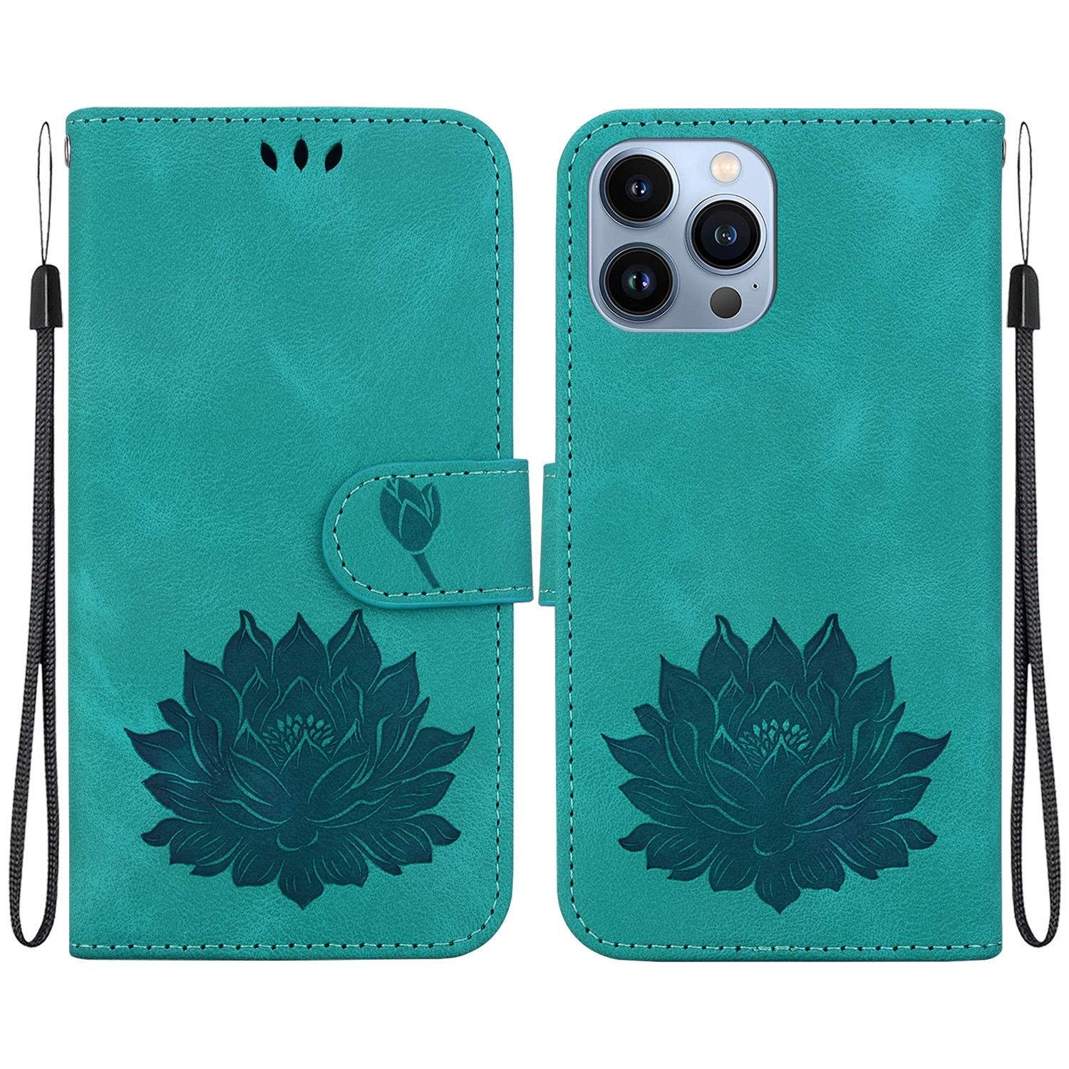 For iPhone 15 Pro Lotus Embossed Leather Phone Case(Green) For iPhone 15 Pro Lotus Embossed Leather Phone Case(Green)