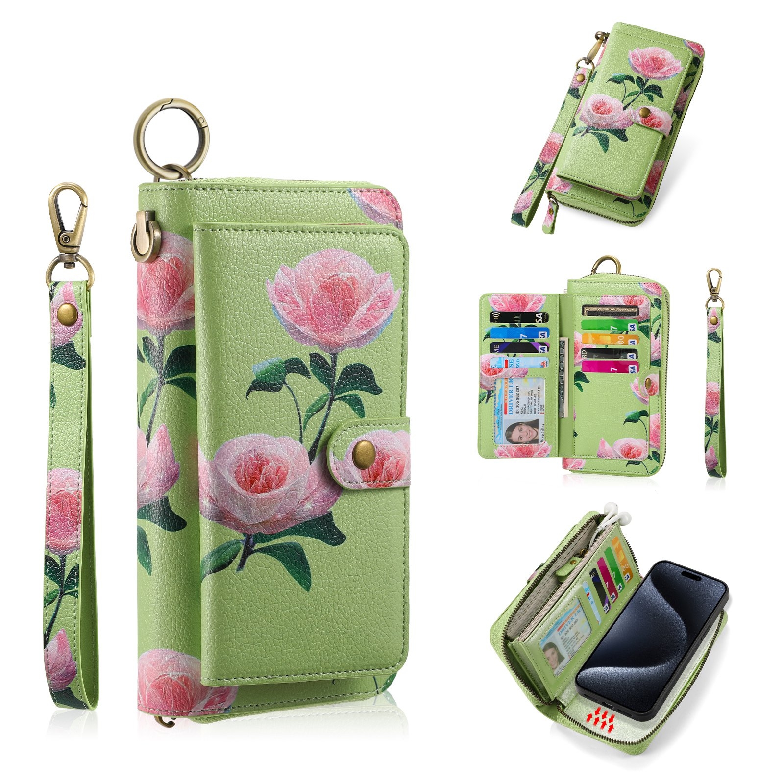 For iPhone 15 Pro POLA MagSafe Flower Multi-functional Zipper Wallet Leather Phone Case(Green) For iPhone 15 Pro POLA MagSafe Flower Multi-functional Zipper Wallet Leather Phone Case(Green)