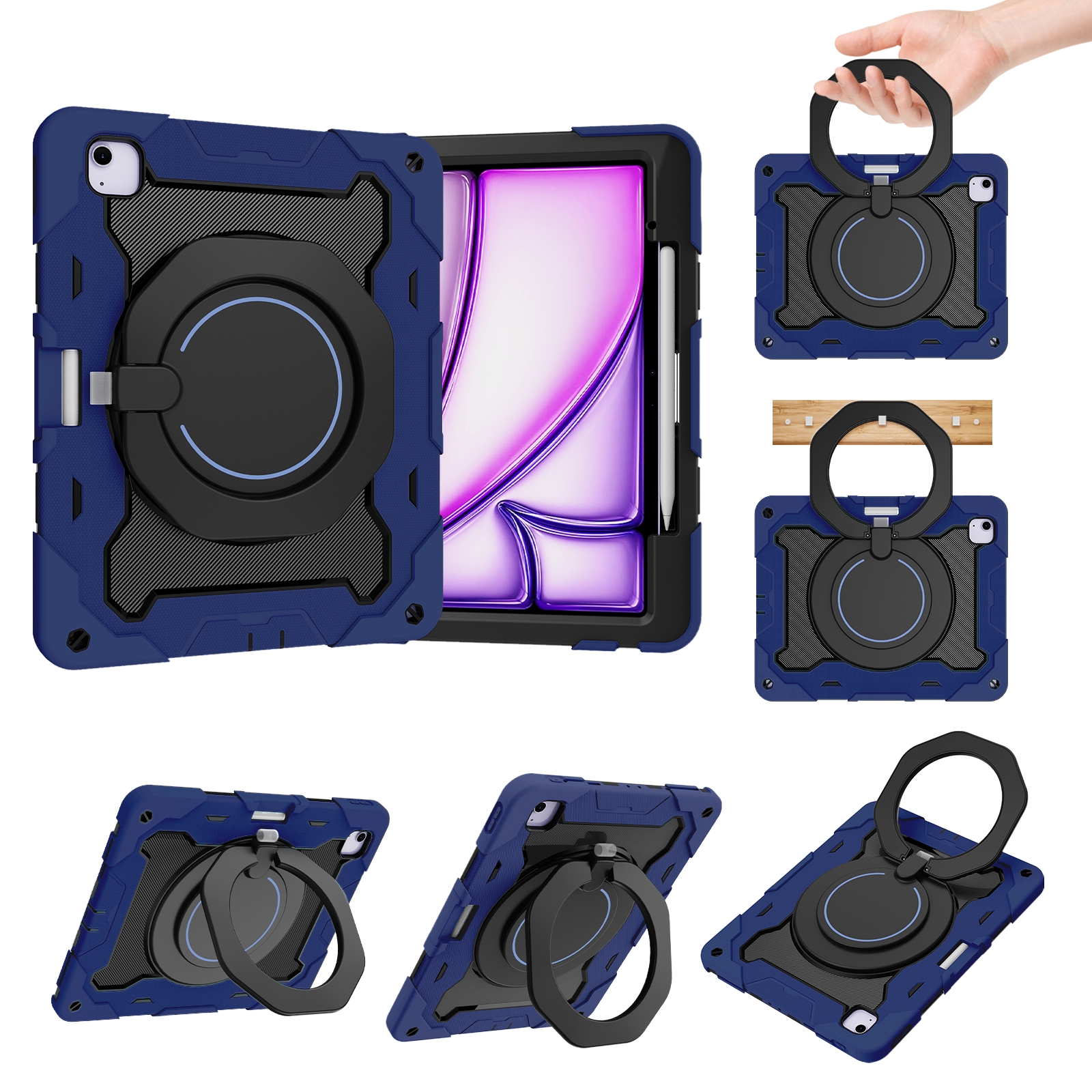For iPad Air 13 2024 Armor Portable Rotating Ring Holder Silicone Tablet Case with Pen Slot(Navy Blue) For iPad Air 13 2024 Armor Portable Rotating Ring Holder Silicone Tablet Case with Pen Slot(Navy Blue)