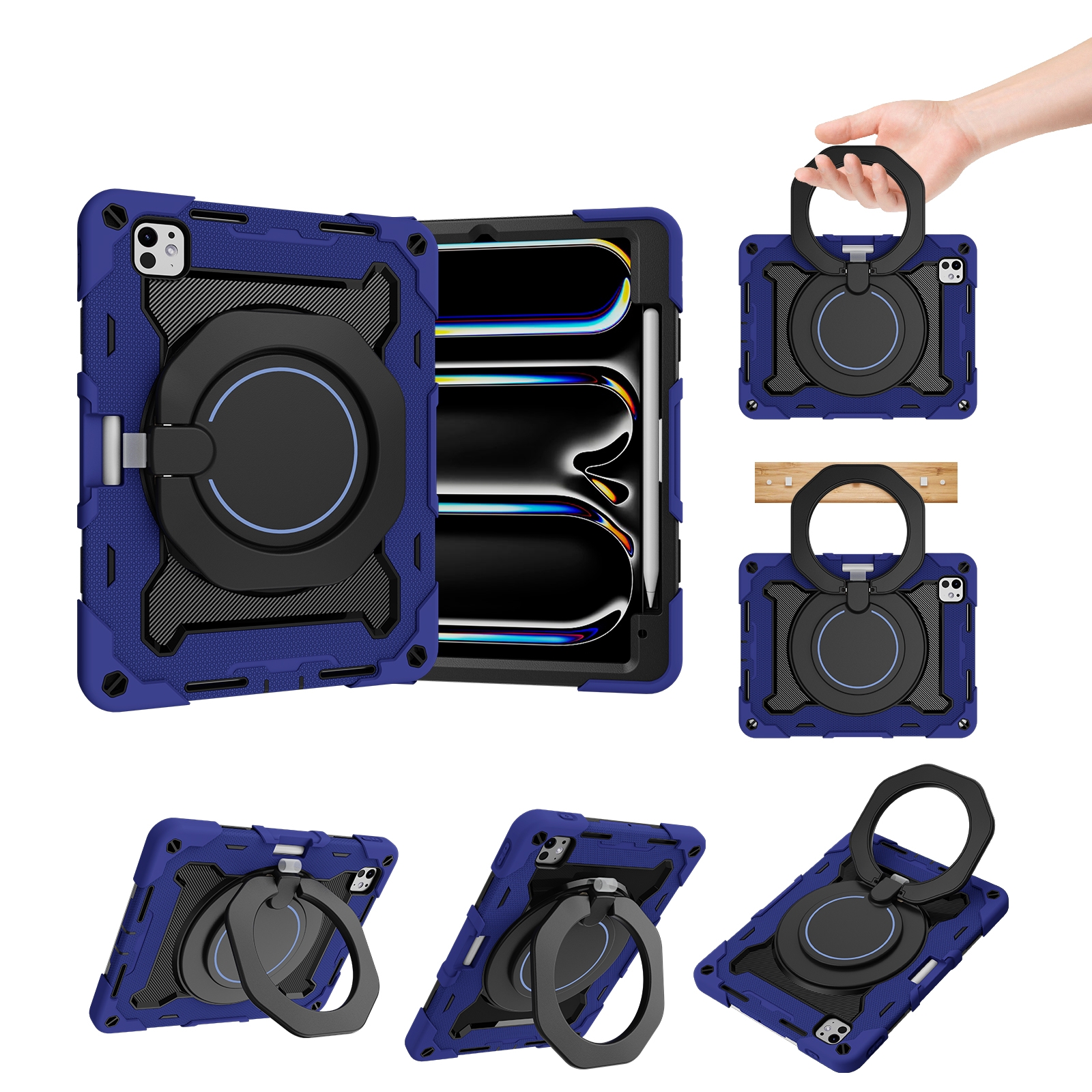 For iPad Pro 11 2024 Armor Portable Rotating Ring Holder Silicone Tablet Case with Pen Slot(Navy Blue) For iPad Pro 11 2024 Armor Portable Rotating Ring Holder Silicone Tablet Case with Pen Slot(Navy Blue)