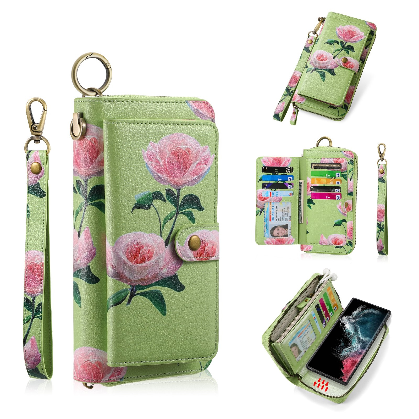 For Samsung Galaxy S22+ 5G POLA Flower Multi-functional Zipper Wallet Leather Phone Case(Green) For Samsung Galaxy S22+ 5G POLA Flower Multi-functional Zipper Wallet Leather Phone Case(Green)