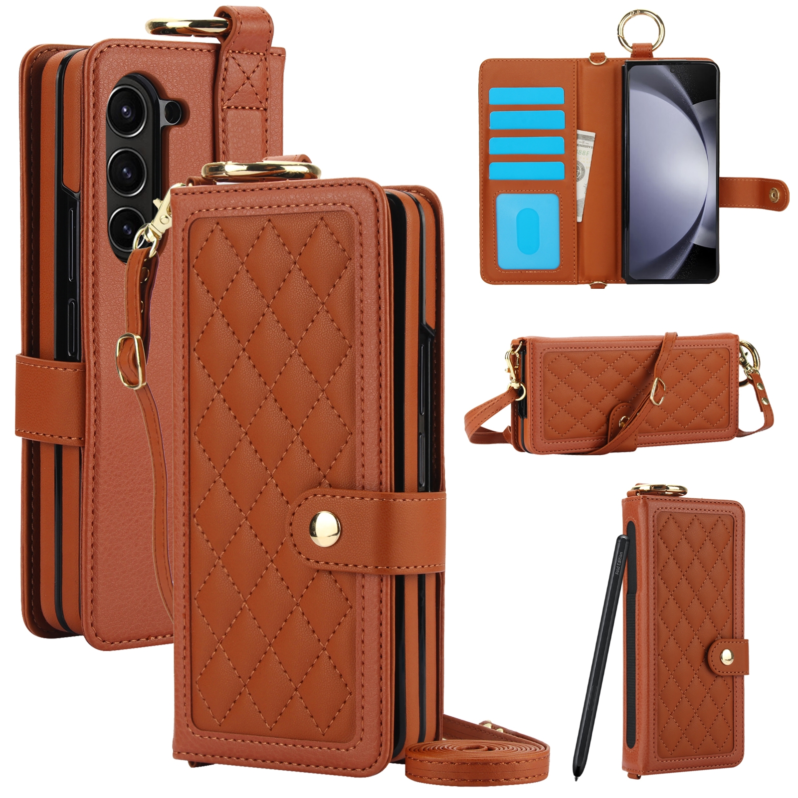 For Samsung Galaxy Z Fold6 Splicing Rhombic Texture Phone Case with Long & Short Lanyard, Not Included Pen(Brown) For Samsung Galaxy Z Fold6 Splicing Rhombic Texture Phone Case with Long & Short Lanyard, Not Included Pen(Brown)