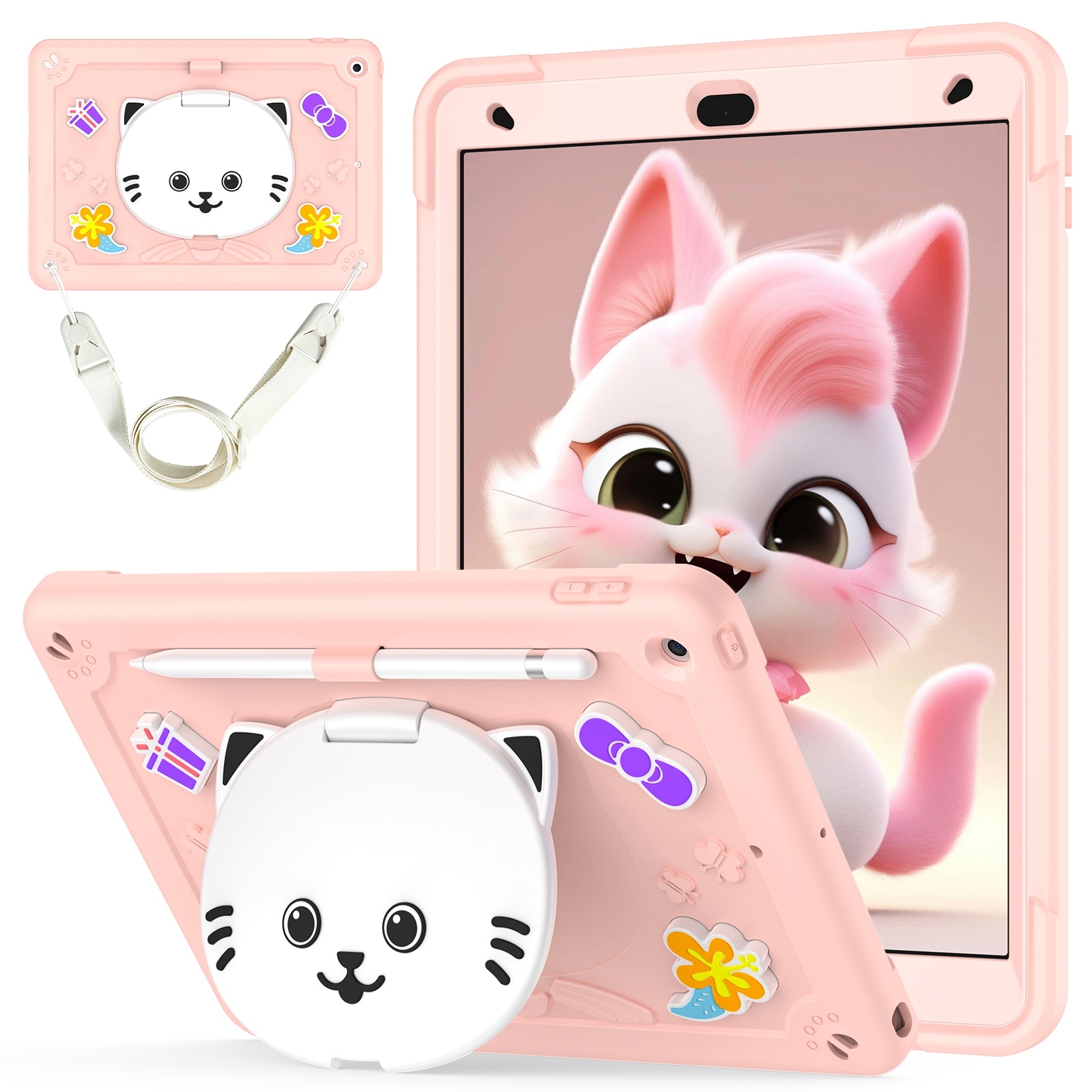 For iPad 10.2 2021 / 2020 / 2019 Cat Holder Silicone Hybrid PC Tablet Case with Strap(Rose Pink) For iPad 10.2 2021 / 2020 / 2019 Cat Holder Silicone Hybrid PC Tablet Case with Strap(Rose Pink)