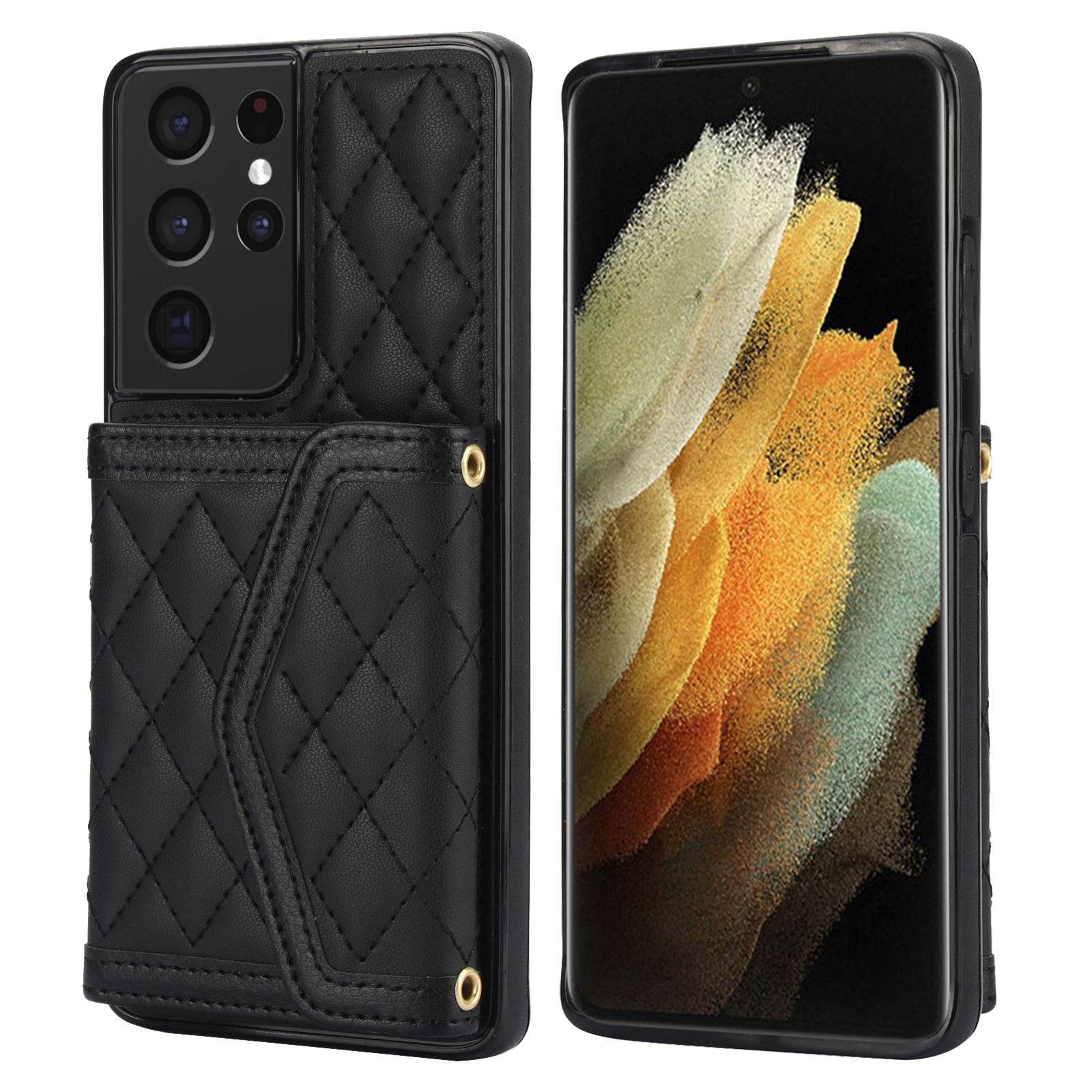 For Samsung Galaxy S21 Ultra 5G Splicing Rhombic Texture Card Bag Phone Case with Long Lanyard(Black) For Samsung Galaxy S21 Ultra 5G Splicing Rhombic Texture Card Bag Phone Case with Long Lanyard(Black)