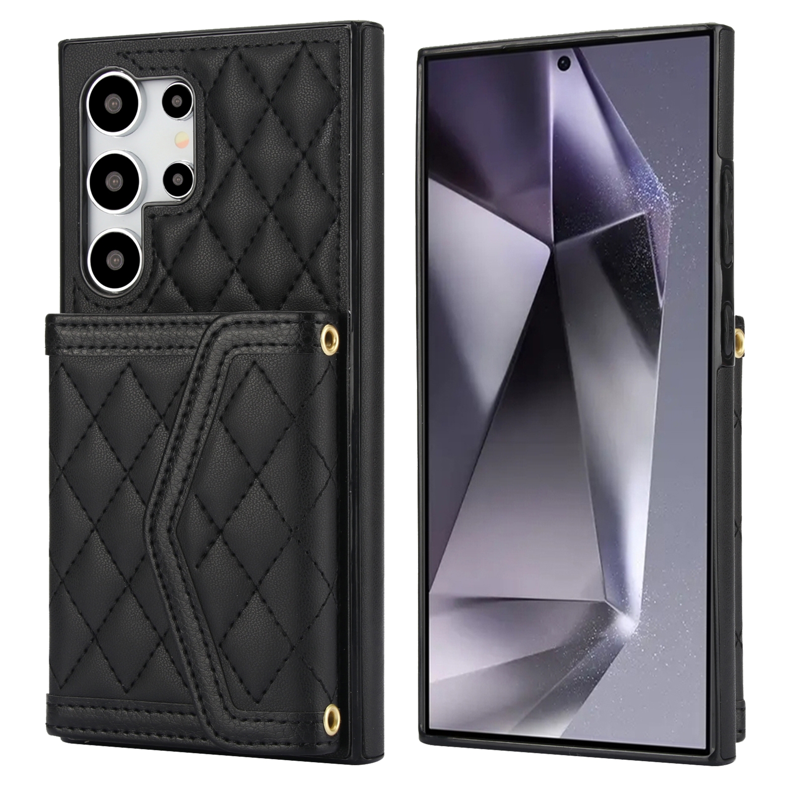 For Samsung Galaxy S24 Ultra 5G Splicing Rhombic Texture Card Bag Phone Case with Long Lanyard(Black) For Samsung Galaxy S24 Ultra 5G Splicing Rhombic Texture Card Bag Phone Case with Long Lanyard(Black)