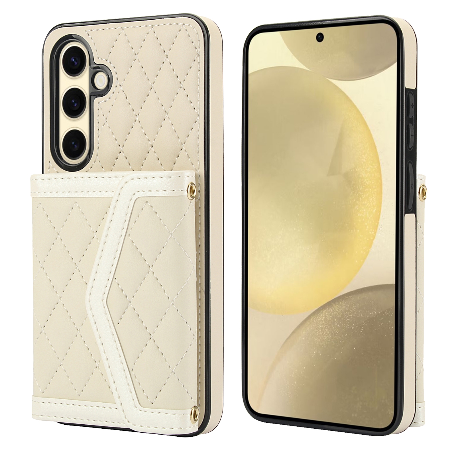 For Samsung Galaxy S24 FE 5G Splicing Rhombic Texture Card Bag Phone Case with Long Lanyard(Beige) For Samsung Galaxy S24 FE 5G Splicing Rhombic Texture Card Bag Phone Case with Long Lanyard(Beige)