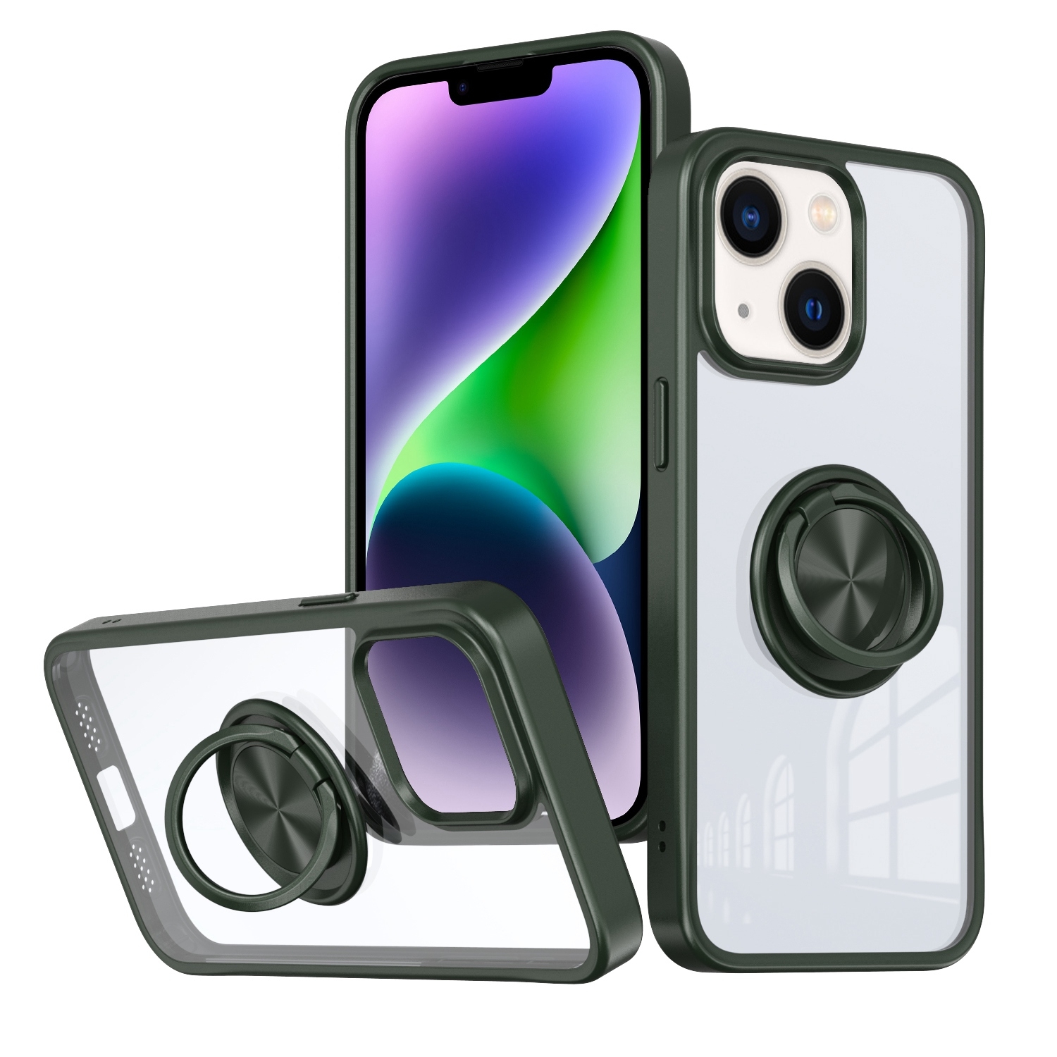 For iPhone 14 Plus Ring Holder PC Hybrid TPU Phone Case(Green) For iPhone 14 Plus Ring Holder PC Hybrid TPU Phone Case(Green)