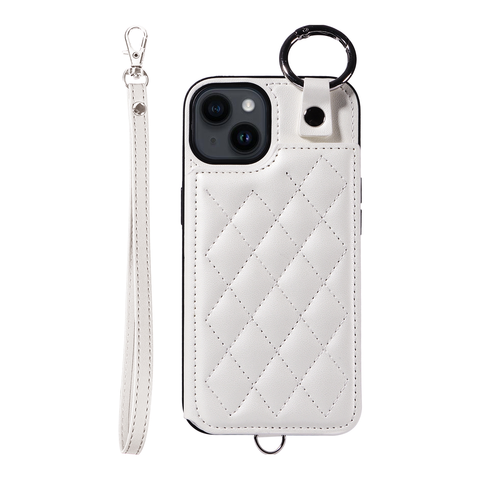 For iPhone 14 Rhombic Texture Card Bag Phone Case with Short Lanyard(White) For iPhone 14 Rhombic Texture Card Bag Phone Case with Short Lanyard(White)