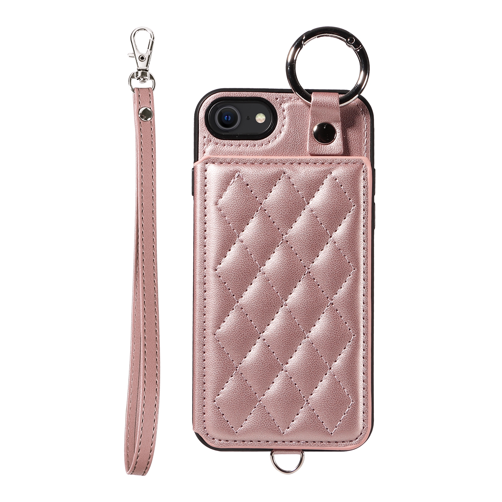 For iPhone SE 2022 / 2020 / 8 / 7 Rhombic Texture Card Bag Phone Case with Short Lanyard(Rose Gold) For iPhone SE 2022 / 2020 / 8 / 7 Rhombic Texture Card Bag Phone Case with Short Lanyard(Rose Gold)