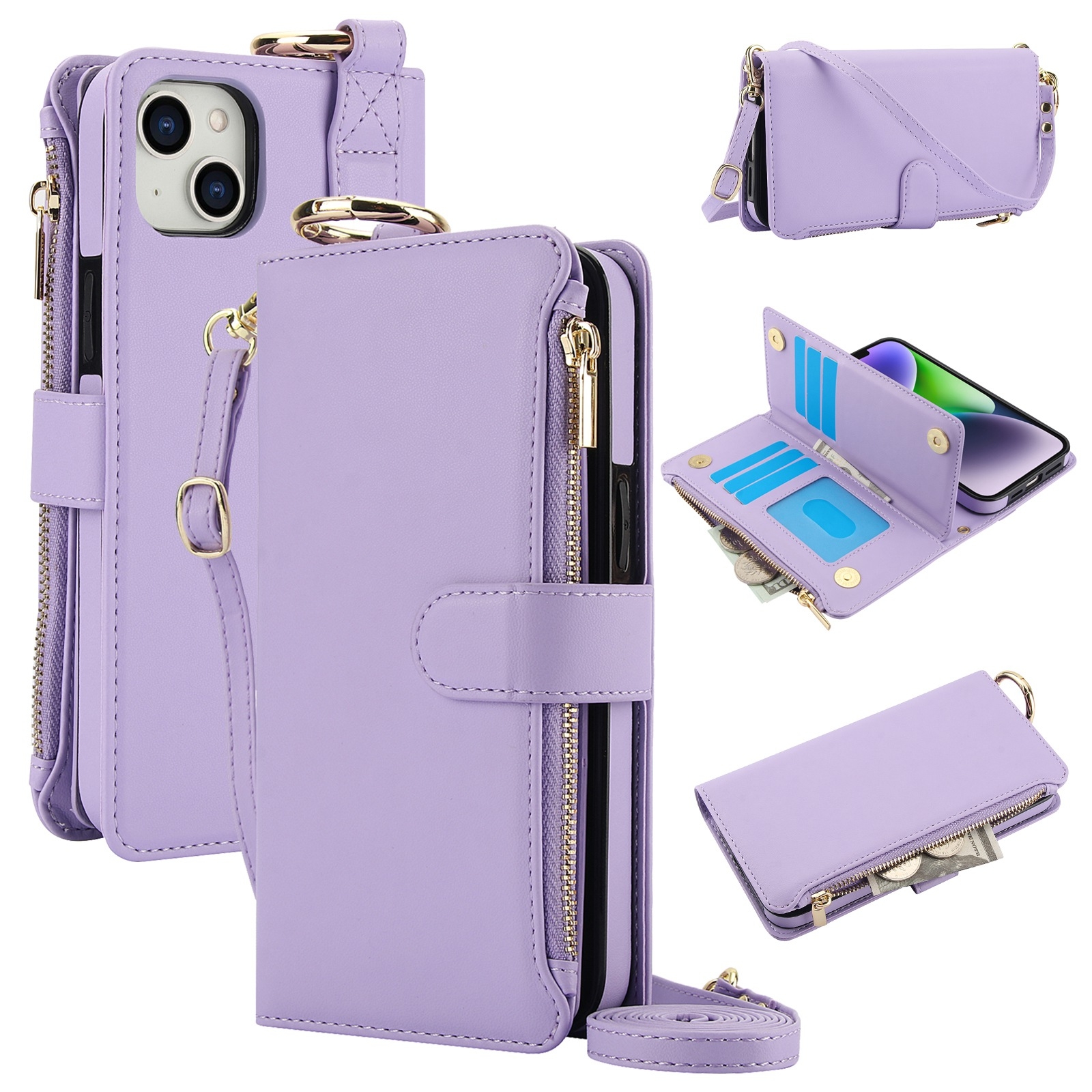 For iPhone 14 Plus Crossbody Ring Multifunctional Wallet Leather Phone Case(Purple) For iPhone 14 Plus Crossbody Ring Multifunctional Wallet Leather Phone Case(Purple)