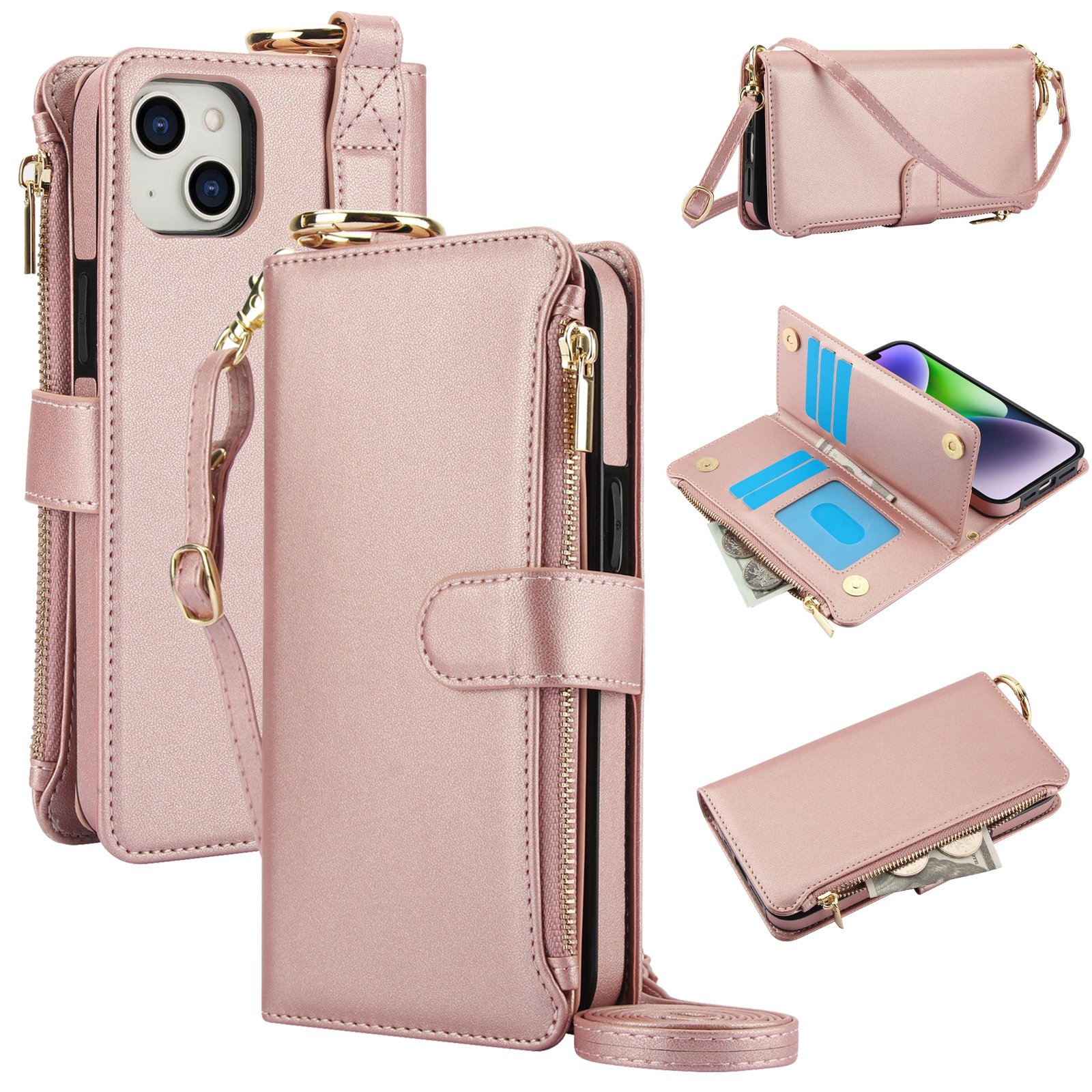 For iPhone 13 mini Crossbody Ring Multifunctional Wallet Leather Phone Case(Rose Gold) For iPhone 13 mini Crossbody Ring Multifunctional Wallet Leather Phone Case(Rose Gold)