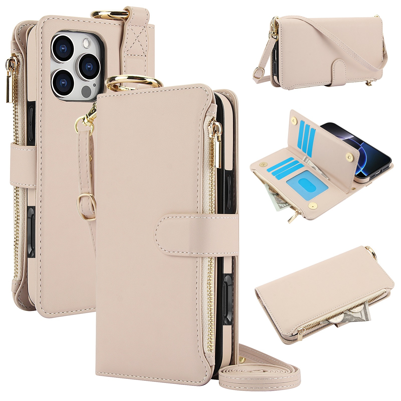 For iPhone 16 Pro Max Crossbody Ring Multifunctional Wallet Leather Phone Case(White) For iPhone 16 Pro Max Crossbody Ring Multifunctional Wallet Leather Phone Case(White)