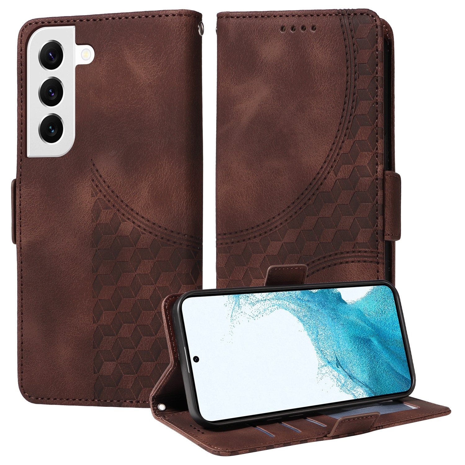 For Samsung Galaxy S22 5G Embossed Rhombus Starry Leather Phone Case(Brown) For Samsung Galaxy S22 5G Embossed Rhombus Starry Leather Phone Case(Brown)