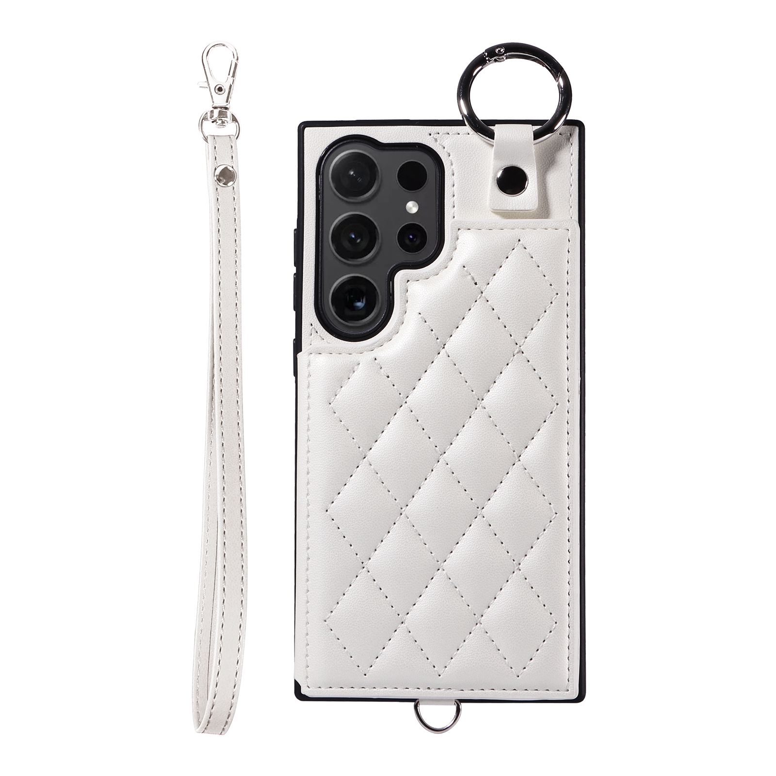 For Samsung Galaxy S24 Ultra 5G Rhombic Texture Card Bag Phone Case with Short Lanyard(White) For Samsung Galaxy S24 Ultra 5G Rhombic Texture Card Bag Phone Case with Short Lanyard(White)