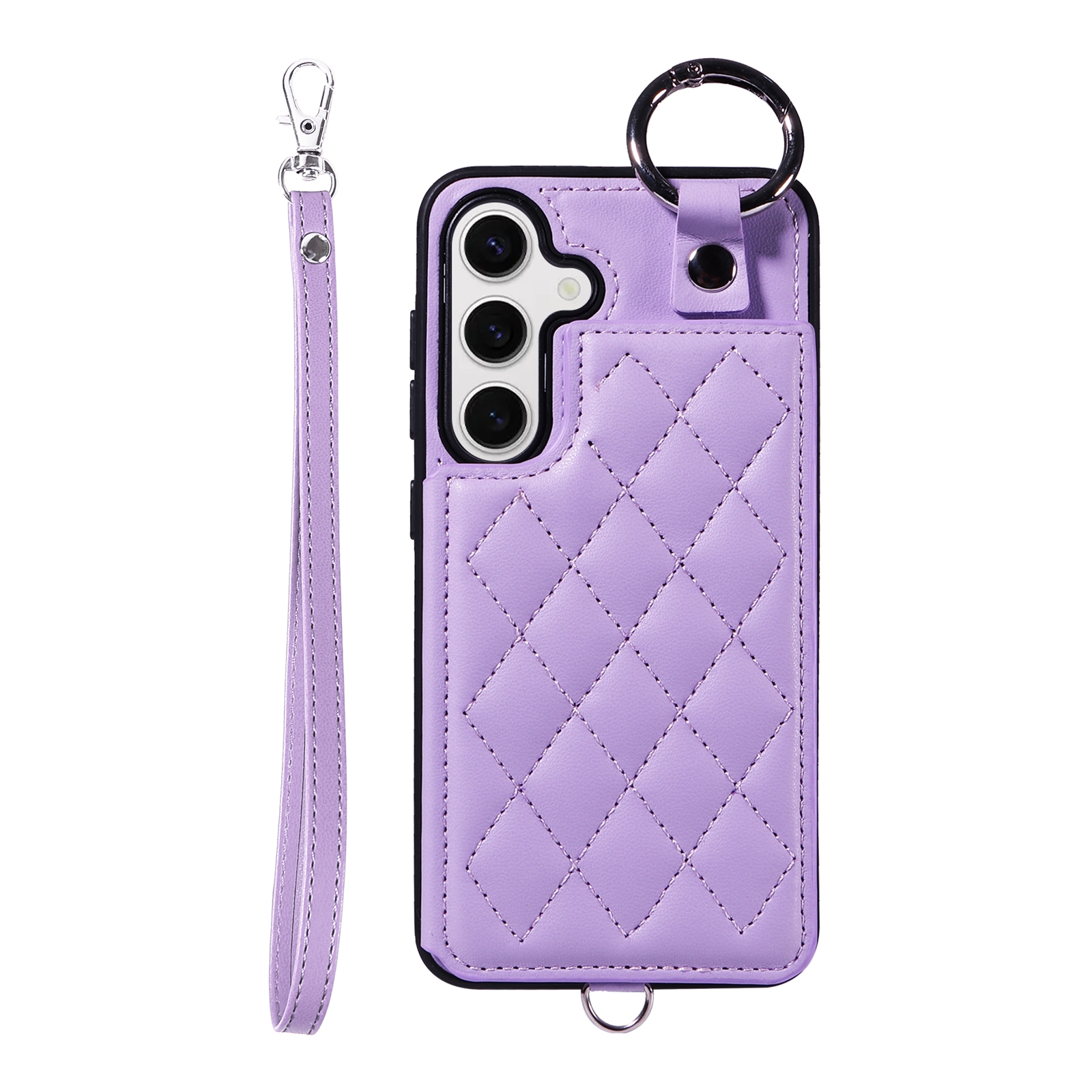 For Samsung Galaxy S24 5G Rhombic Texture Card Bag Phone Case with Short Lanyard(Purple) For Samsung Galaxy S24 5G Rhombic Texture Card Bag Phone Case with Short Lanyard(Purple)