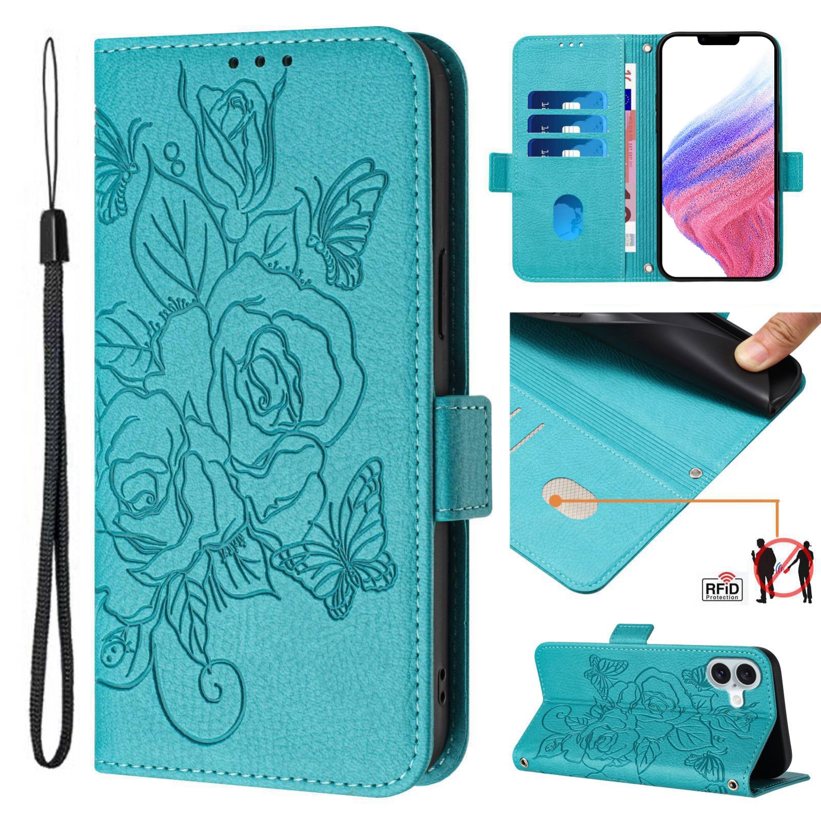For iPhone 16 Plus Embossed Rose RFID Anti-theft Leather Phone Case(Light Blue) For iPhone 16 Plus Embossed Rose RFID Anti-theft Leather Phone Case(Light Blue)