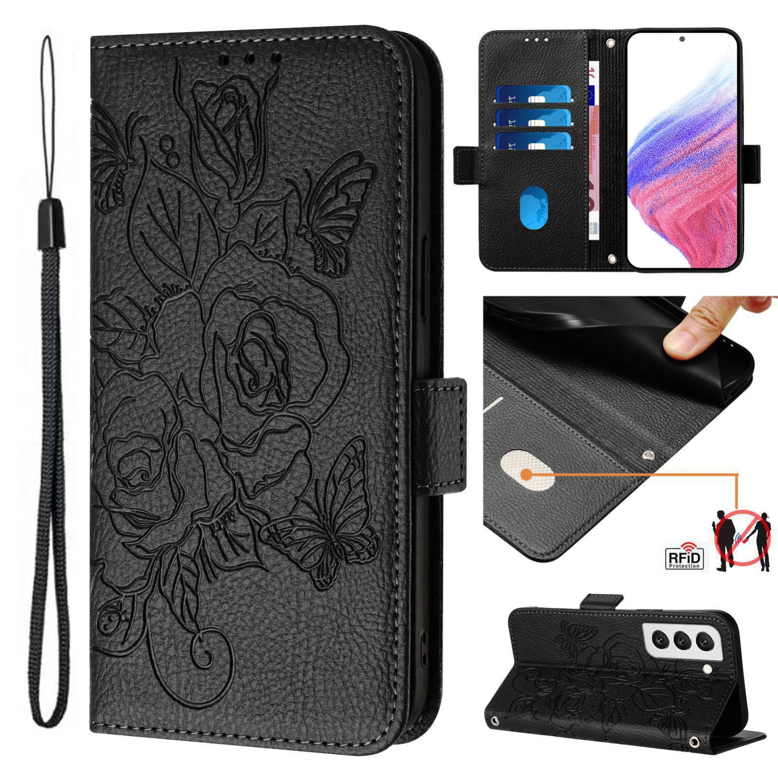 For Samsung Galaxy S22 5G Embossed Rose RFID Anti-theft Leather Phone Case(Black) For Samsung Galaxy S22 5G Embossed Rose RFID Anti-theft Leather Phone Case(Black)