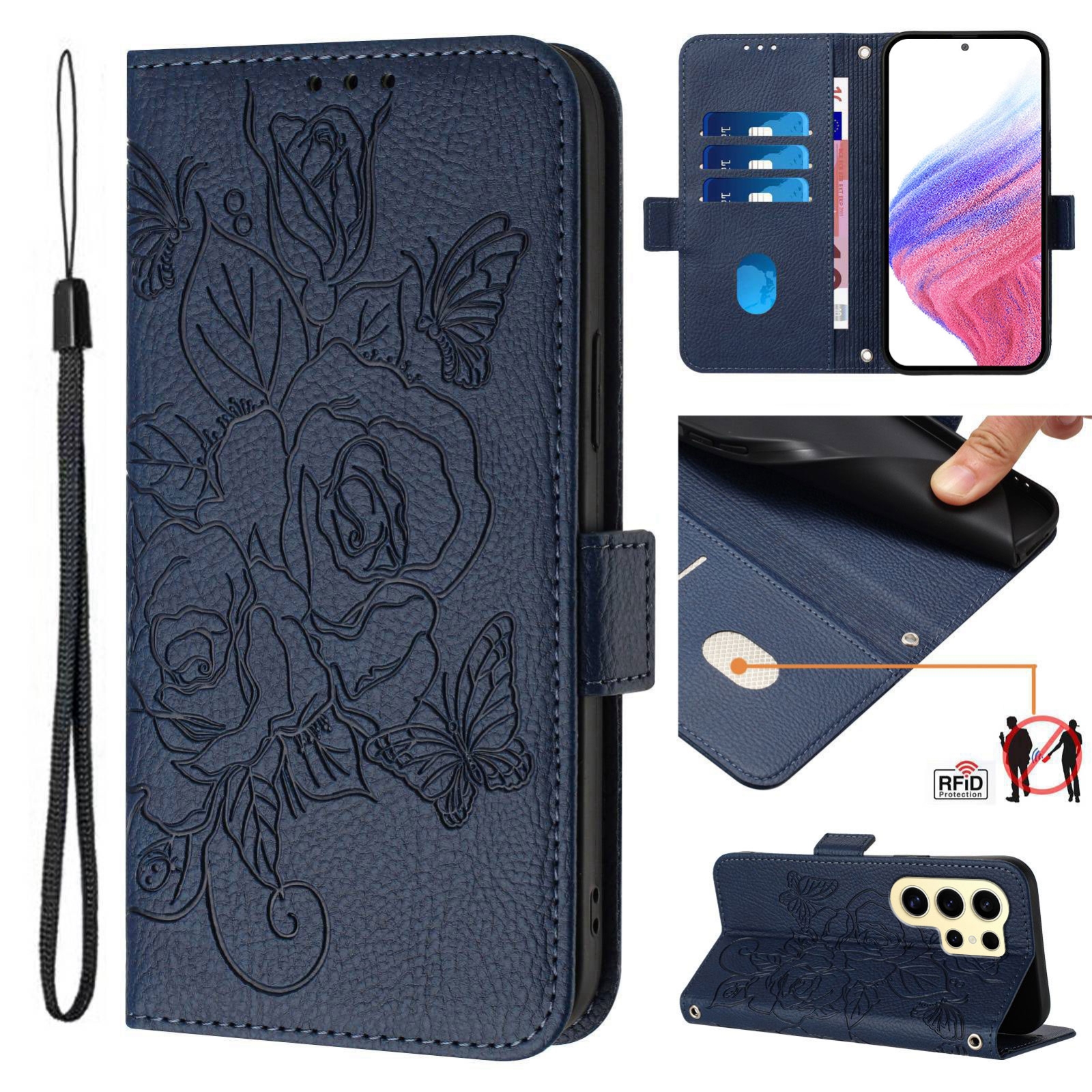For Samsung Galaxy S24 Ultra 5G Embossed Rose RFID Anti-theft Leather Phone Case(Dark Blue)