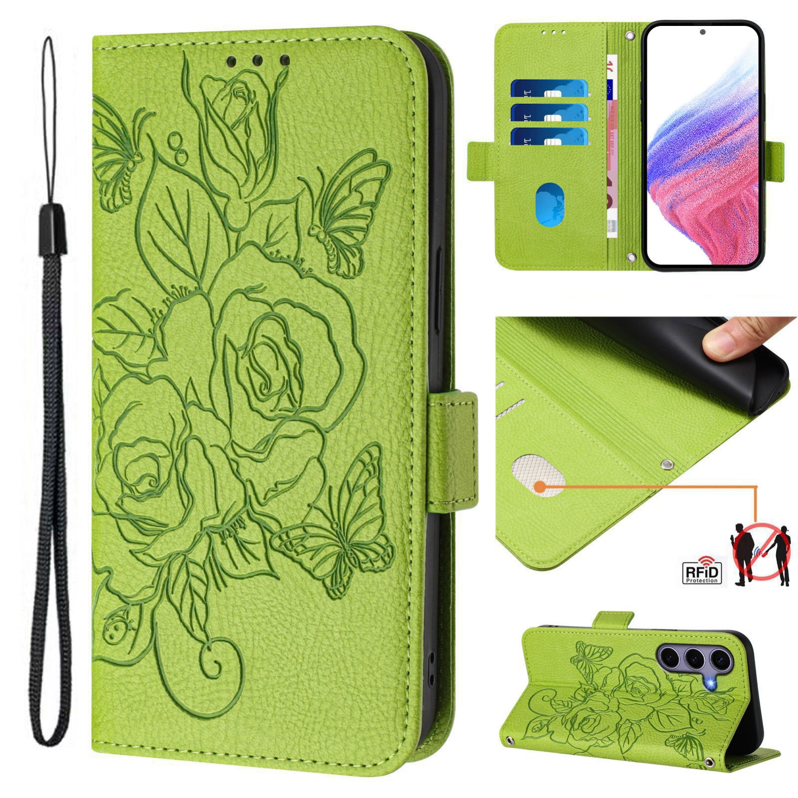 For Samsung Galaxy S25 5G Embossed Rose RFID Anti-theft Leather Phone Case(Green) For Samsung Galaxy S25 5G Embossed Rose RFID Anti-theft Leather Phone Case(Green)