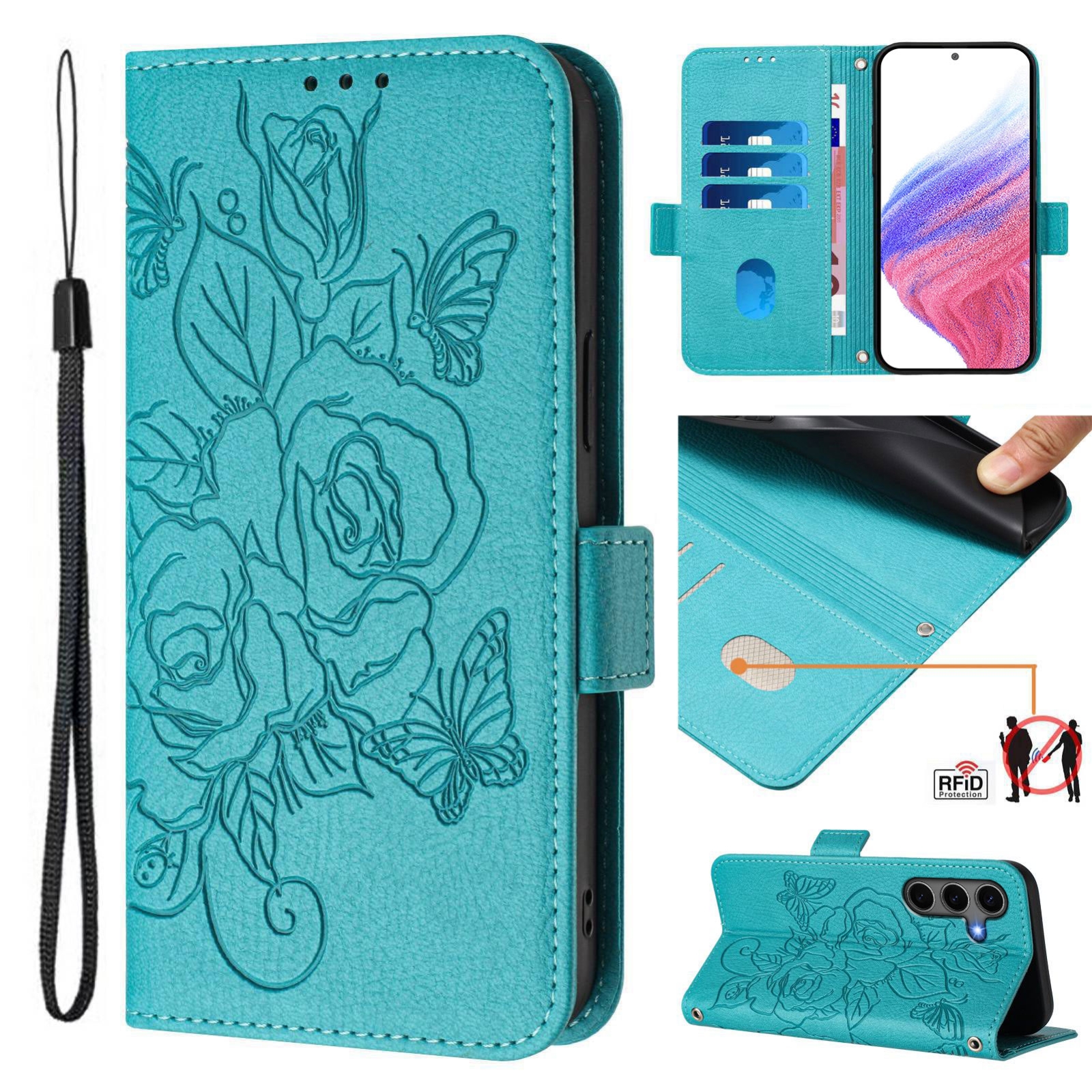 For Samsung Galaxy S25+ 5G Embossed Rose RFID Anti-theft Leather Phone Case(Light Blue) For Samsung Galaxy S25+ 5G Embossed Rose RFID Anti-theft Leather Phone Case(Light Blue)
