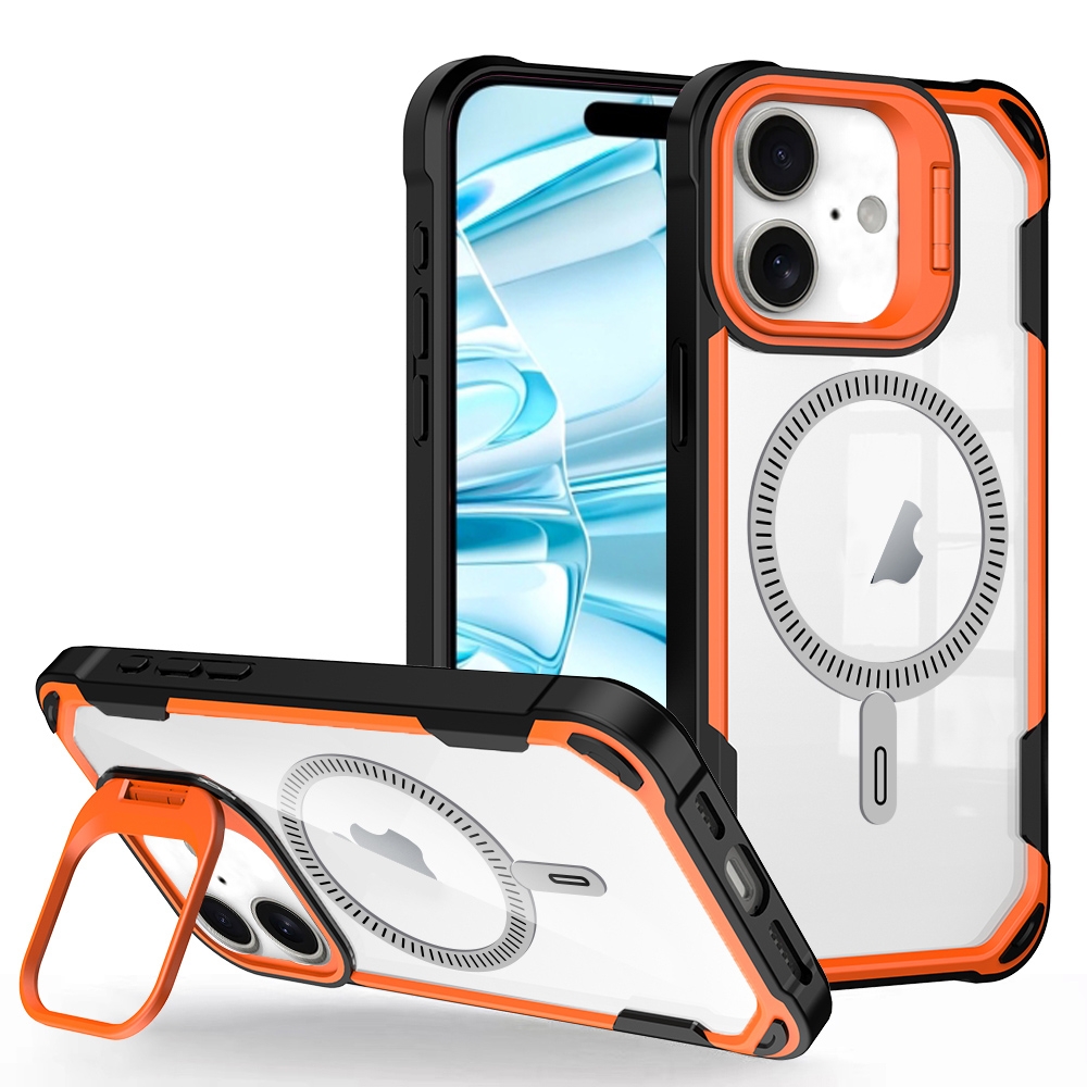For iPhone 16 Transparent Acrylic MagSafe Lens Holder Phone Case(Orange) For iPhone 16 Transparent Acrylic MagSafe Lens Holder Phone Case(Orange)