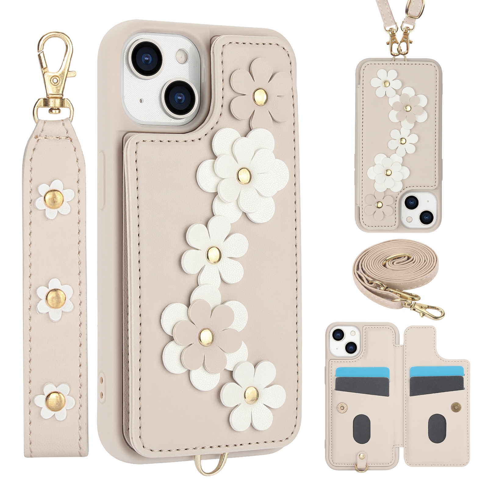 For iPhone 14 / 13 Crossbody Flower Pattern Leather Phone Case(White) For iPhone 14 / 13 Crossbody Flower Pattern Leather Phone Case(White)