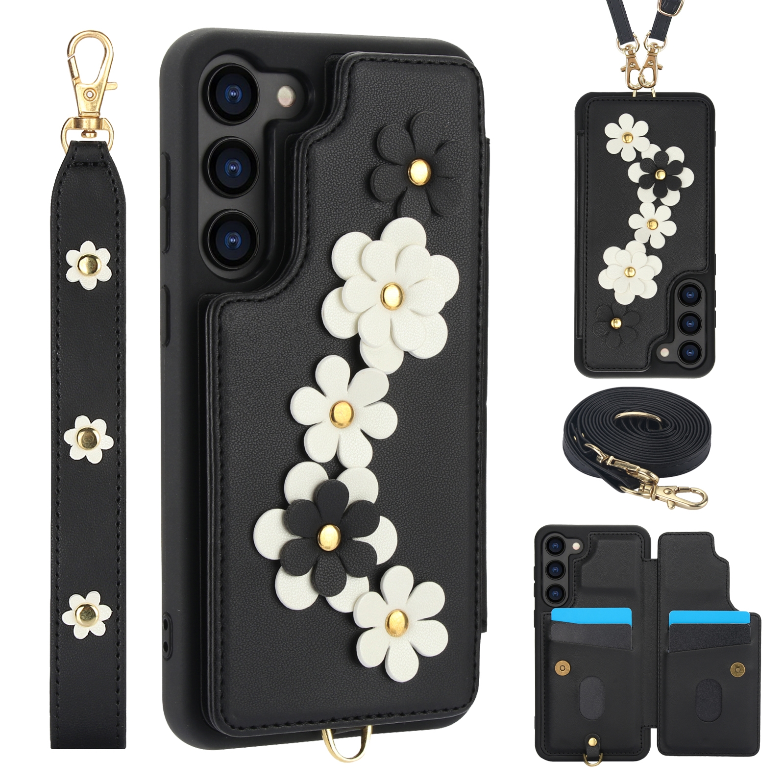 For Samsung Galaxy S23+ 5G Crossbody Flower Pattern Leather Phone Case(Black) For Samsung Galaxy S23+ 5G Crossbody Flower Pattern Leather Phone Case(Black)