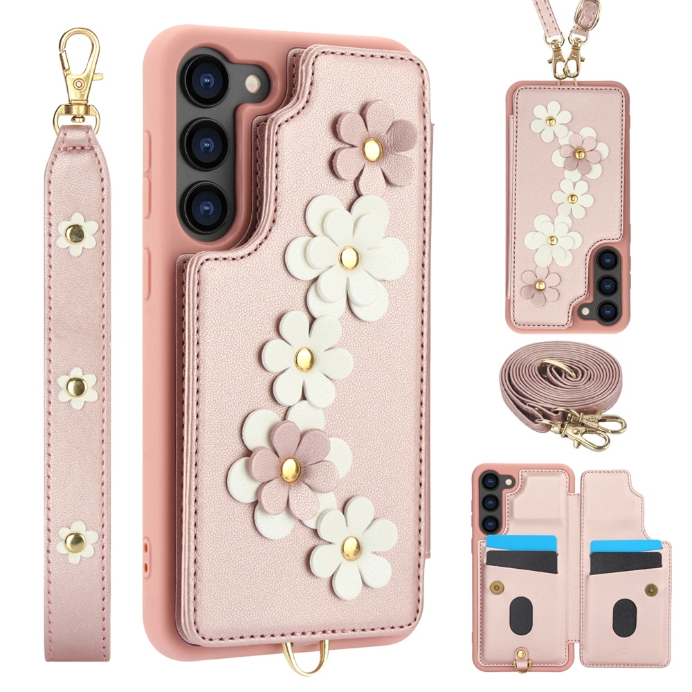 For Samsung Galaxy S25 5G Crossbody Flower Pattern Leather Phone Case(Rose Gold) For Samsung Galaxy S25 5G Crossbody Flower Pattern Leather Phone Case(Rose Gold)