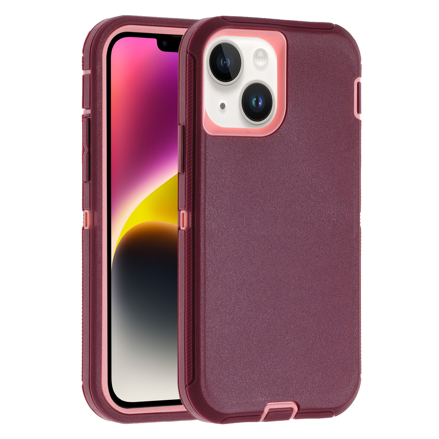 For iPhone 14 Robot Three-proof Life Waterproof Phone Case with Holder(Wine Red + Pink) For iPhone 14 Robot Three-proof Life Waterproof Phone Case with Holder(Wine Red + Pink)