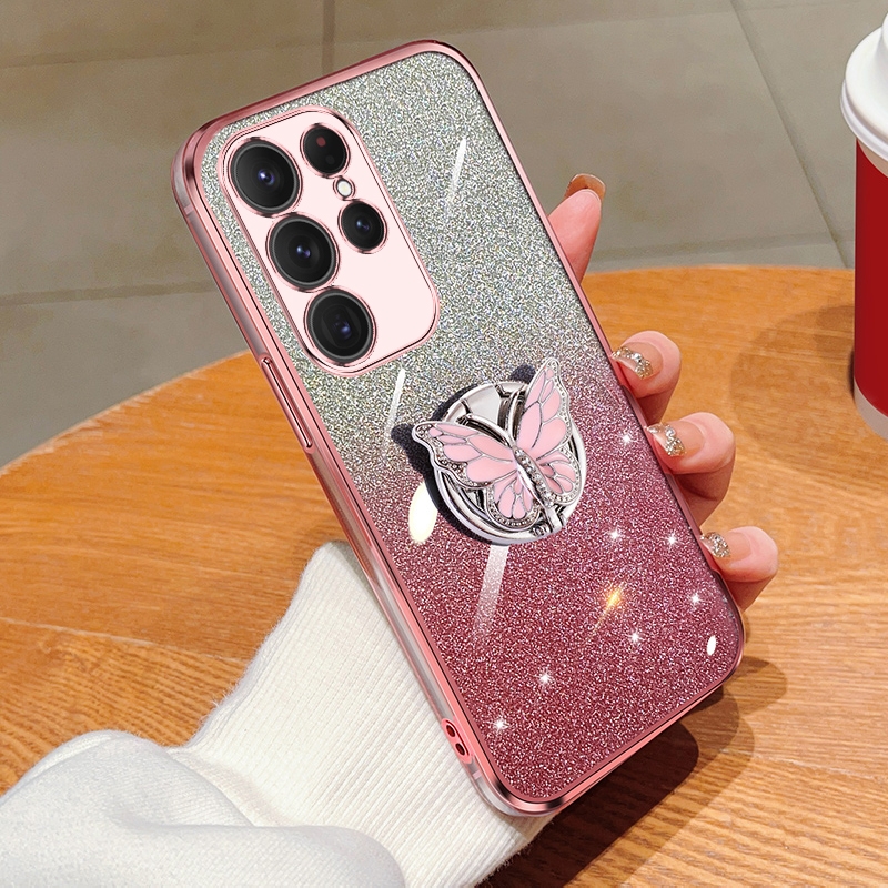 For Samsung Galaxy S24 Ultra 5G Plated Gradient Glitter Butterfly Holder TPU Phone Case(Pink) For Samsung Galaxy S24 Ultra 5G Plated Gradient Glitter Butterfly Holder TPU Phone Case(Pink)