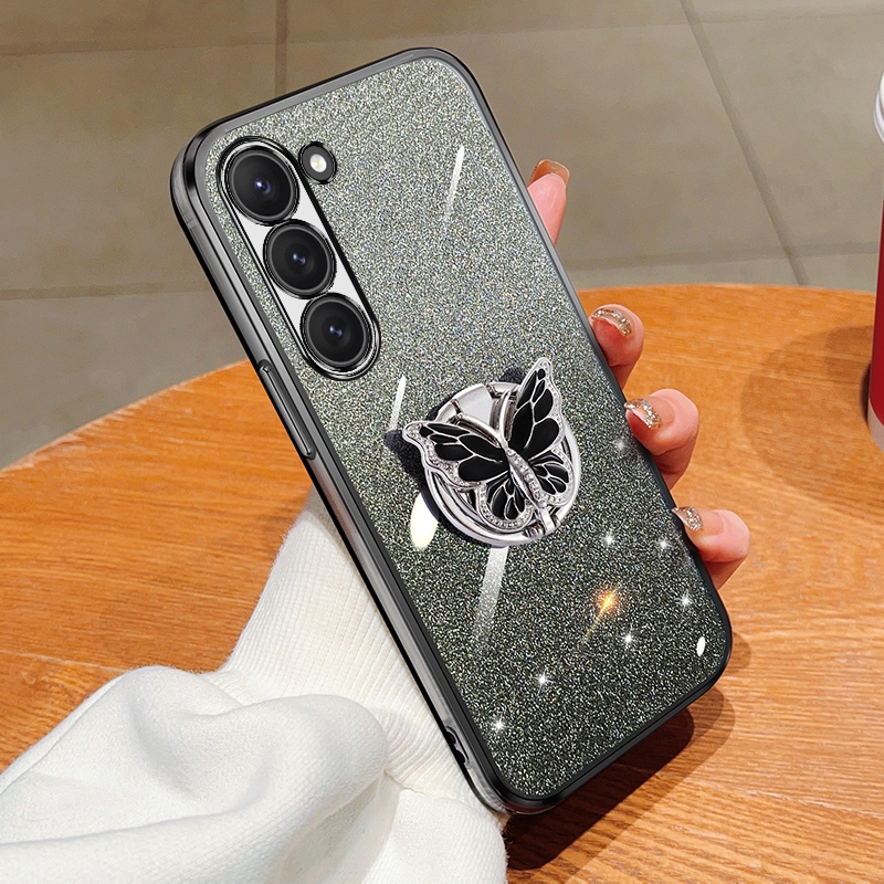 For Samsung Galaxy S23 5G Plated Gradient Glitter Butterfly Holder TPU Phone Case(Black) For Samsung Galaxy S23 5G Plated Gradient Glitter Butterfly Holder TPU Phone Case(Black)