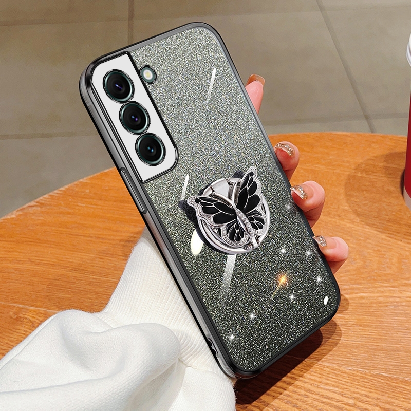 For Samsung Galaxy S22 5G Plated Gradient Glitter Butterfly Holder TPU Phone Case(Black) For Samsung Galaxy S22 5G Plated Gradient Glitter Butterfly Holder TPU Phone Case(Black)